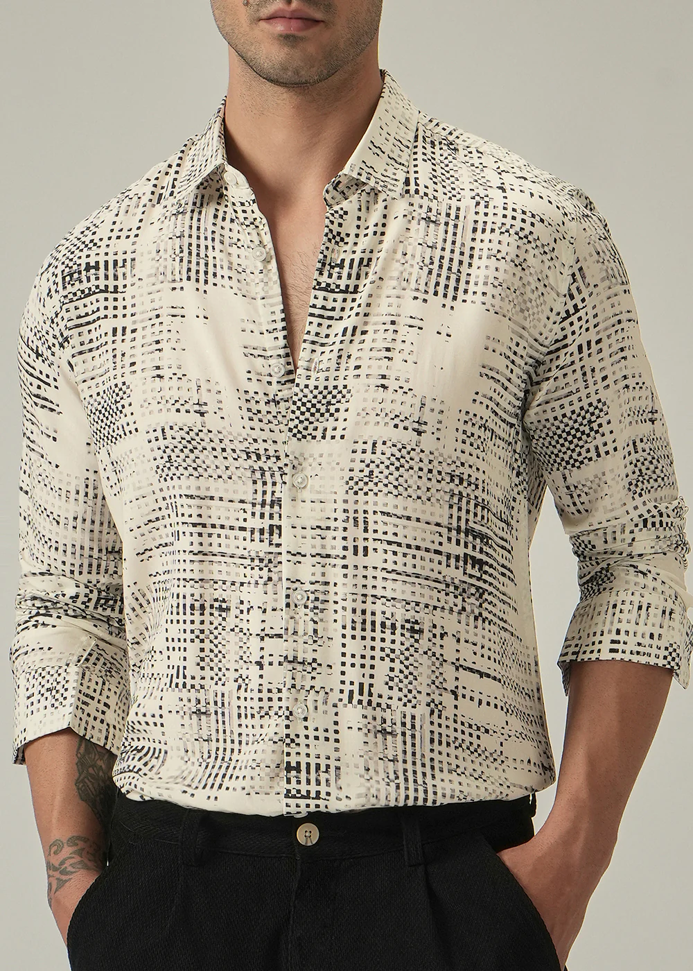 Cream Crosshatch Print Shirt - Image 7