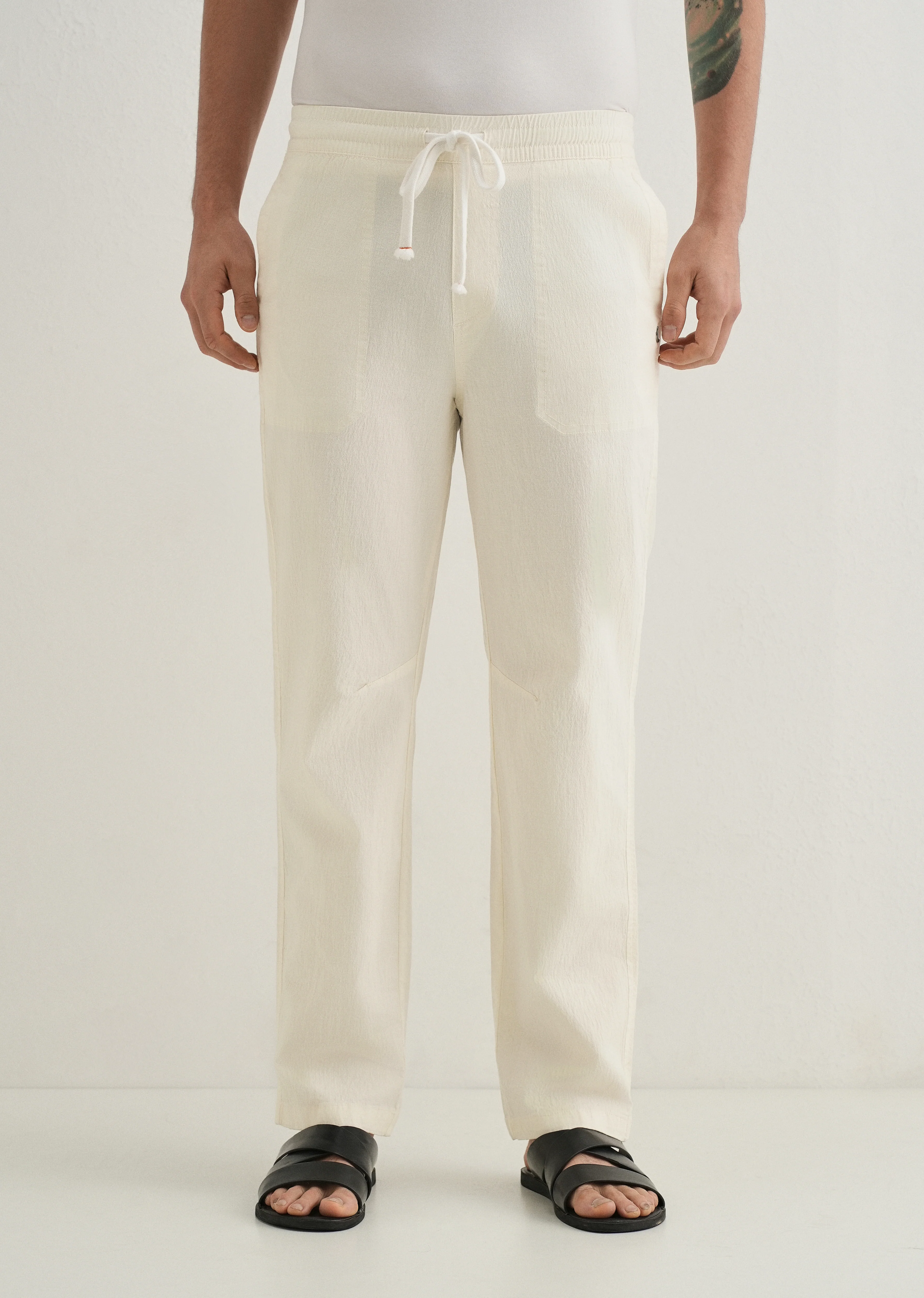 Cream Drawstring Cotton Linen Pant - Image 3