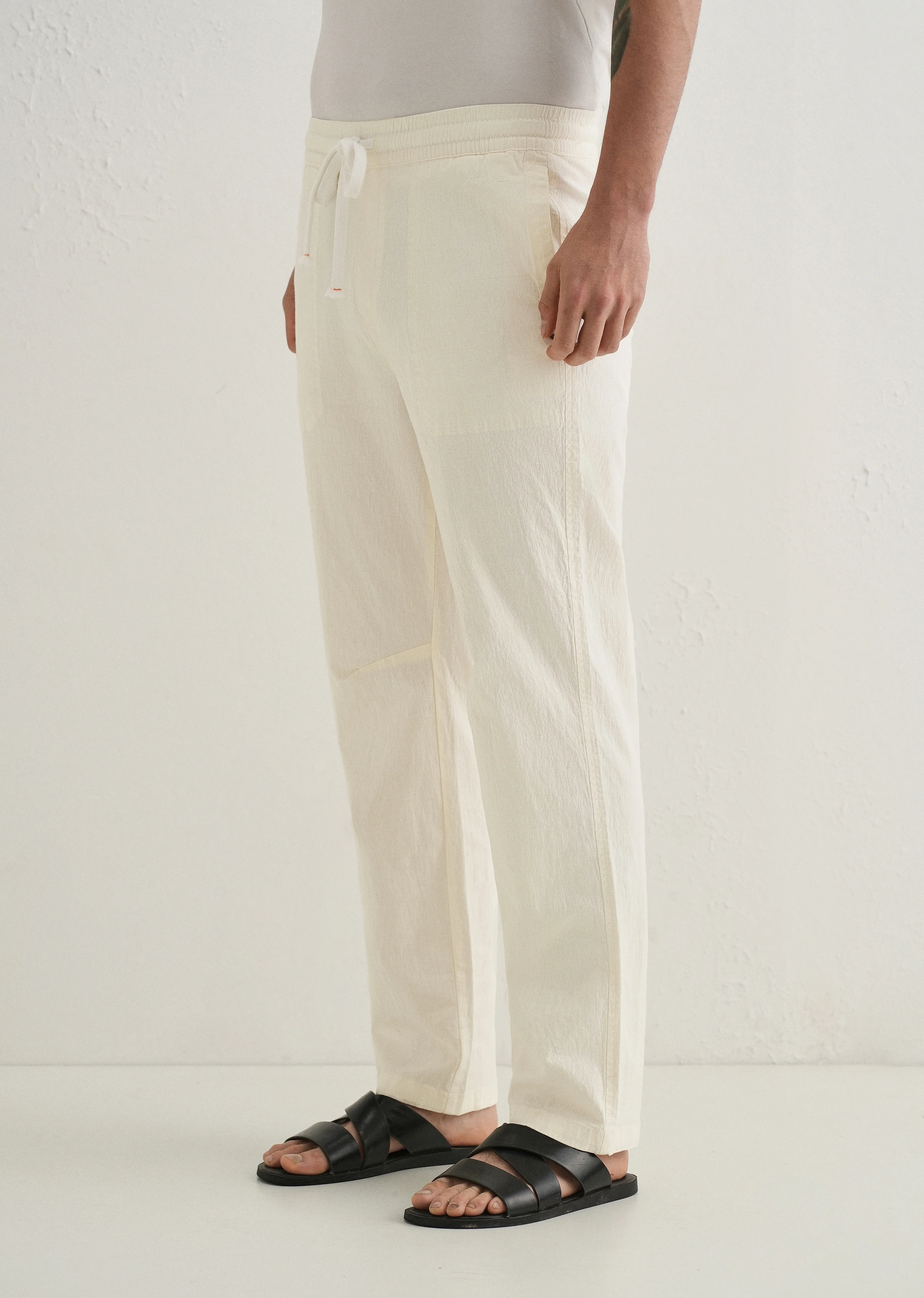 Cream Drawstring Cotton Linen Pant - Image 4