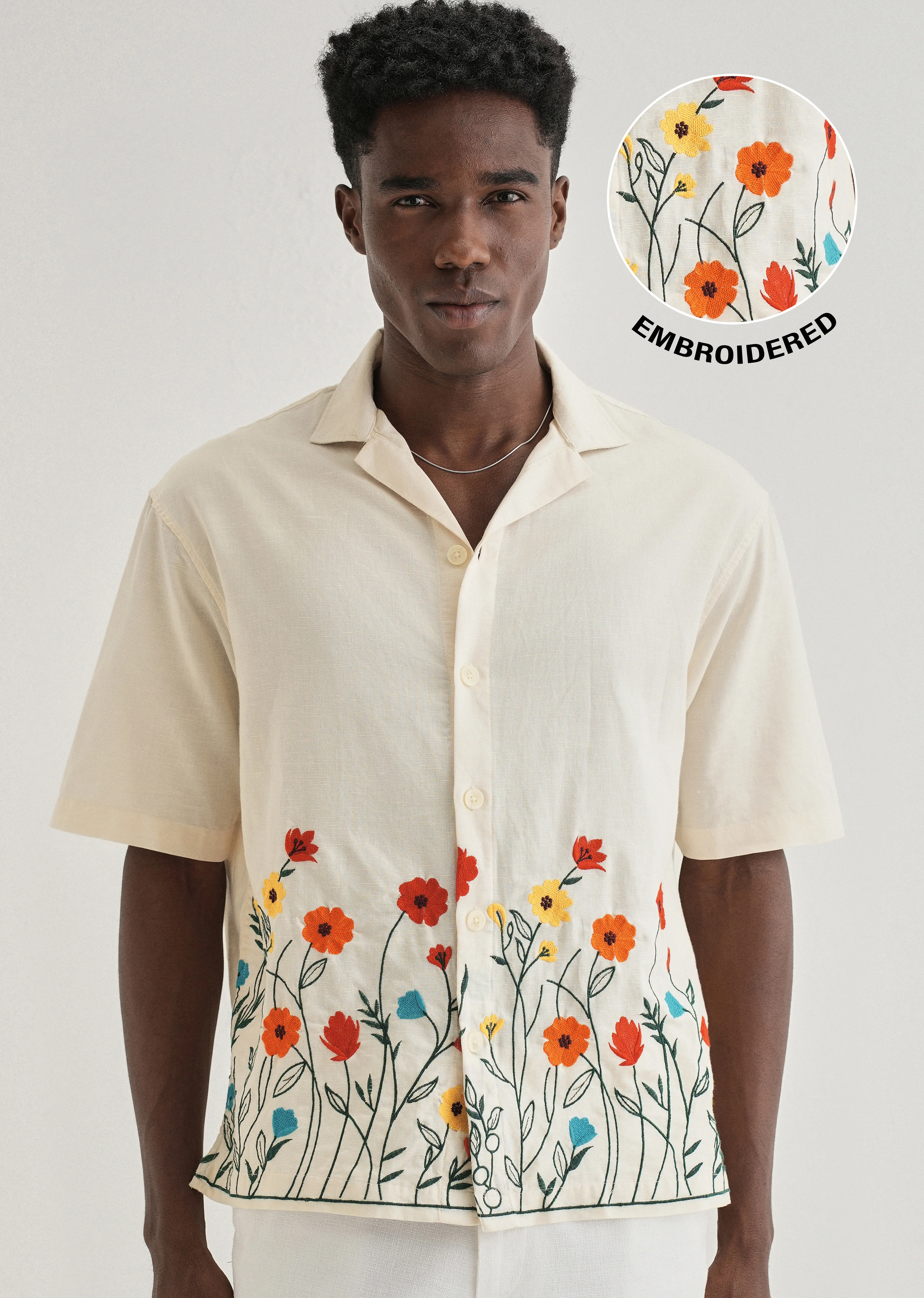 Cream Embroidered Cotton Linen Shirt - Image 7