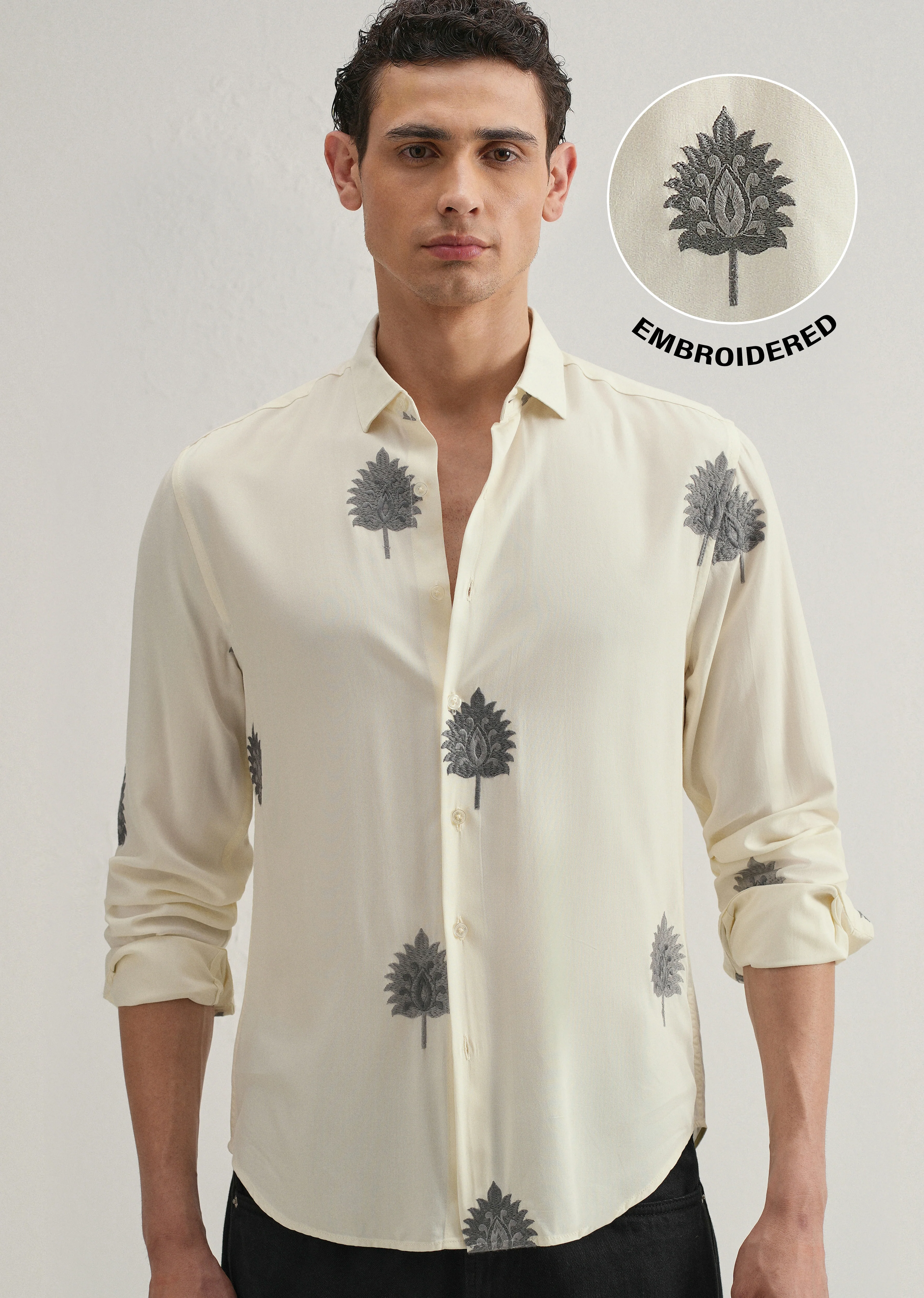 Cream Ethnic Motif Embroidery Shirt - Image 7