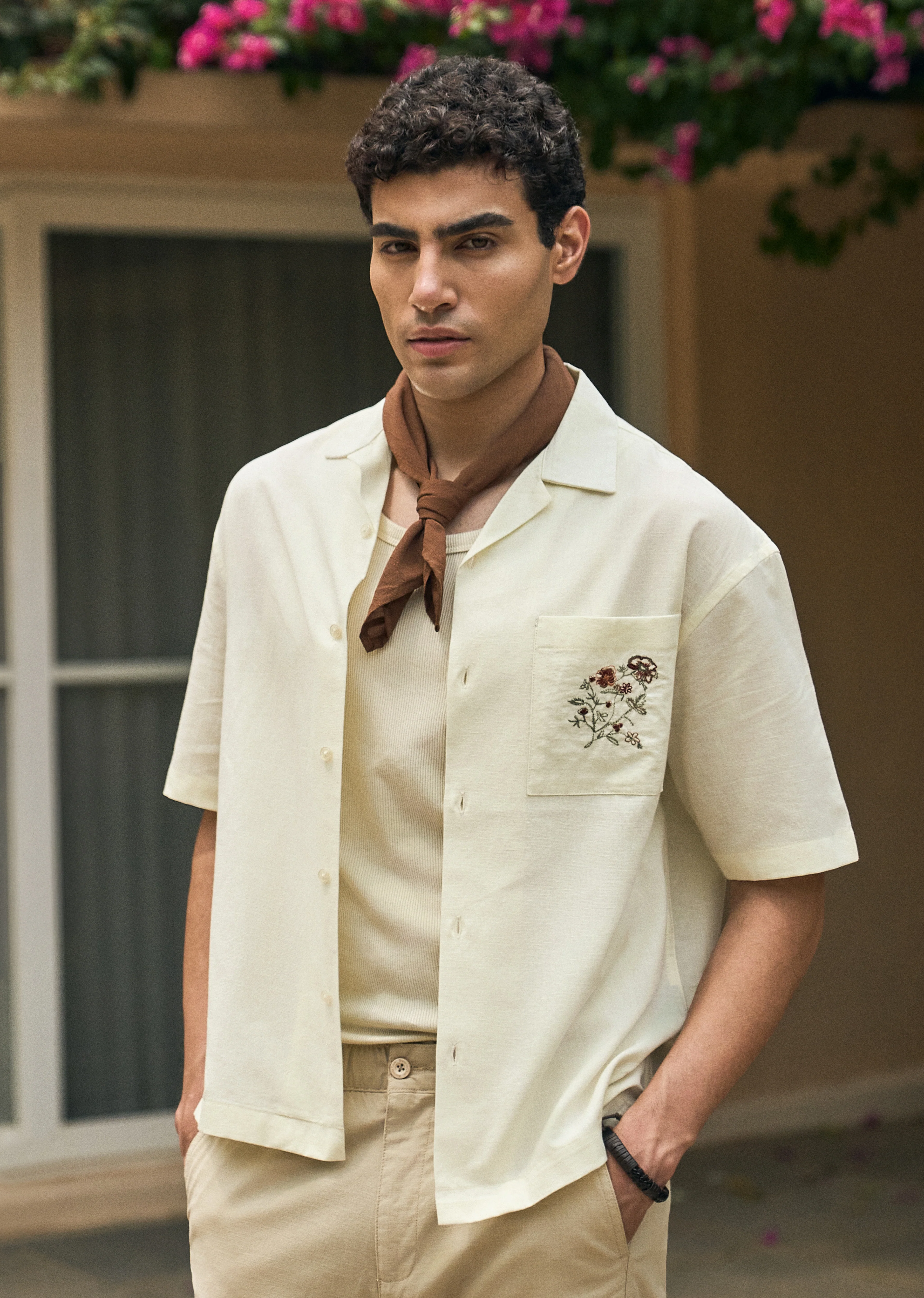 Cream Floral Embroidery Linen Shirt - Image 2