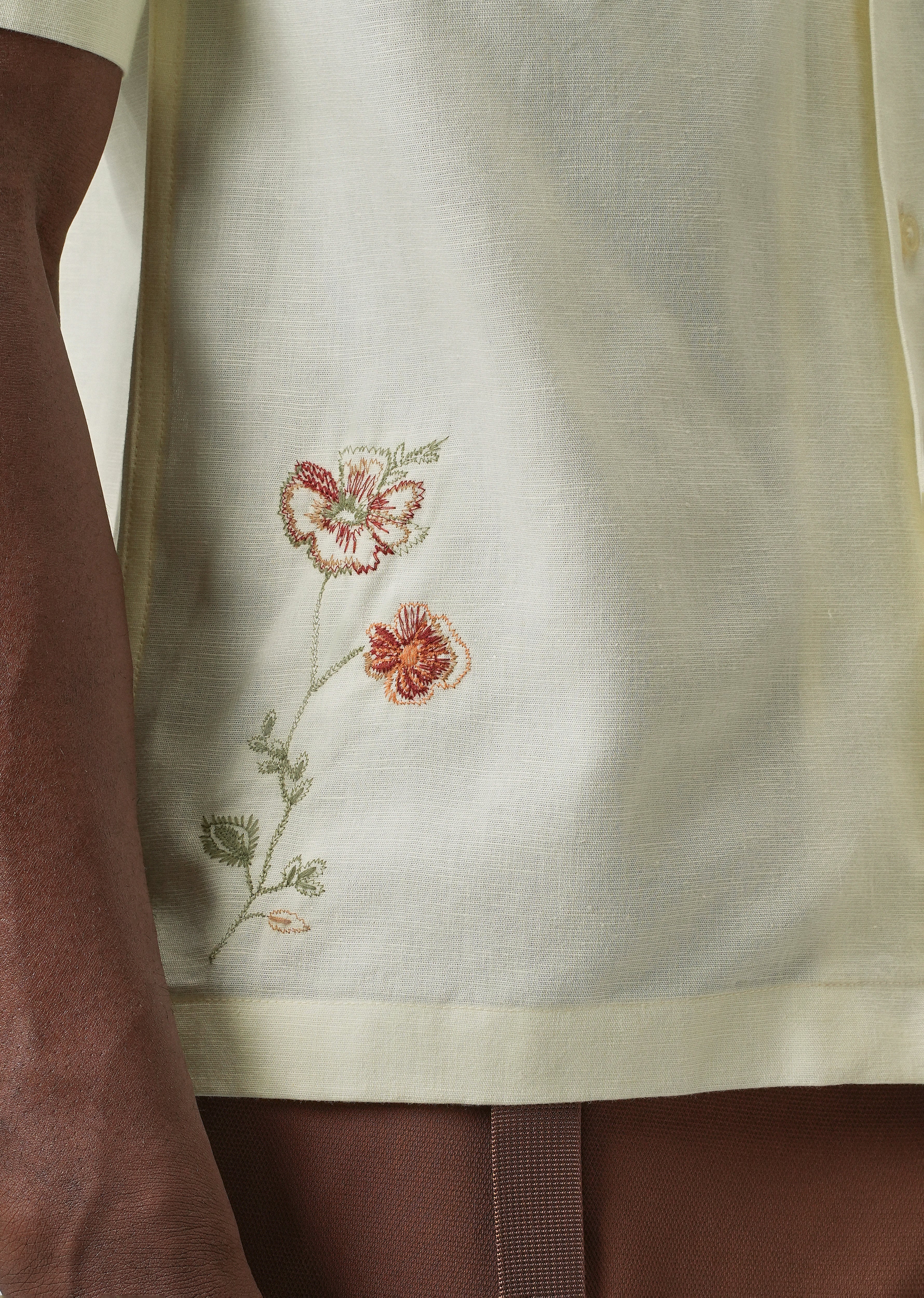 Cream Floral Embroidery Linen Shirt - Image 7