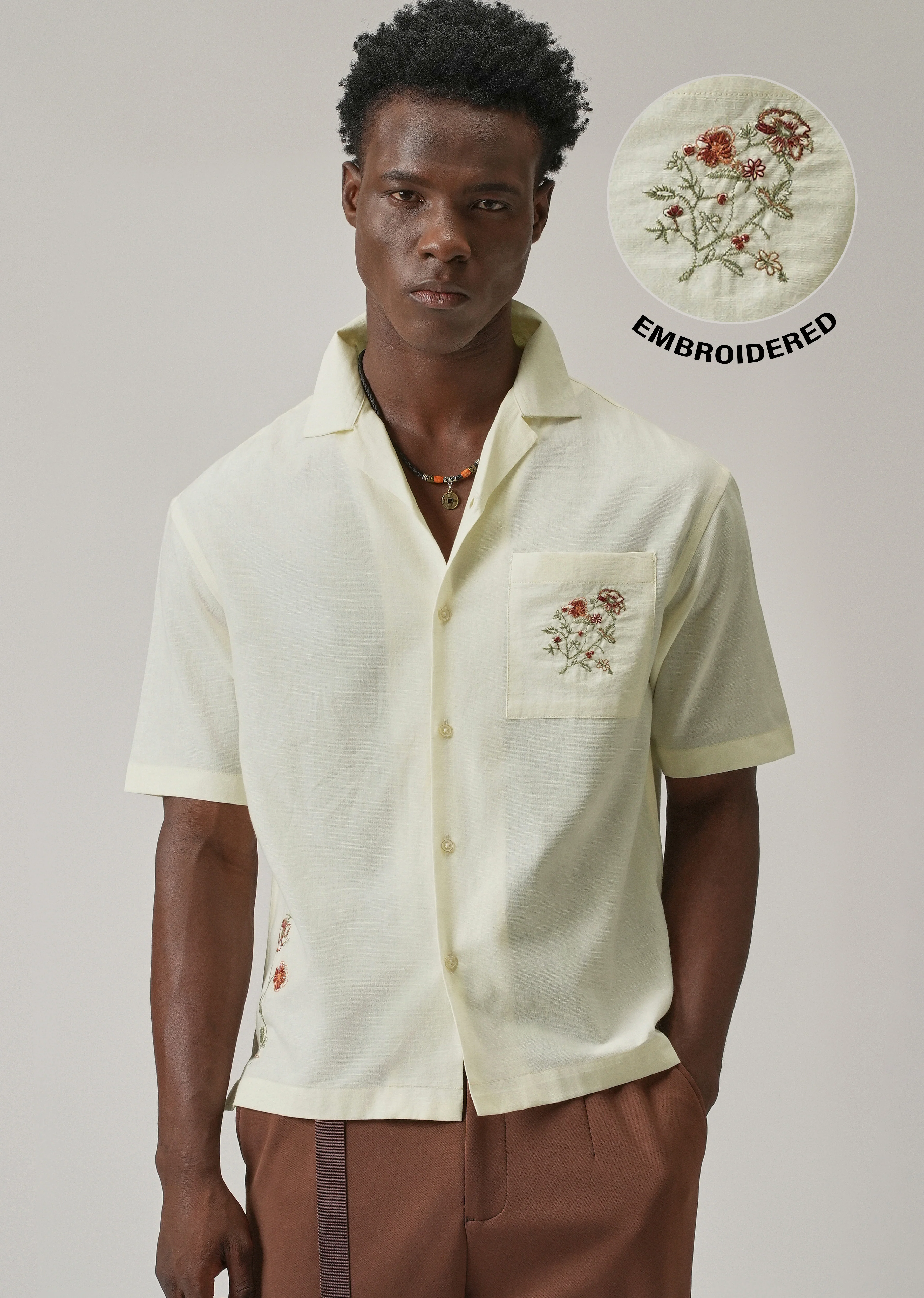 Cream Floral Embroidery Linen Shirt - Image 9