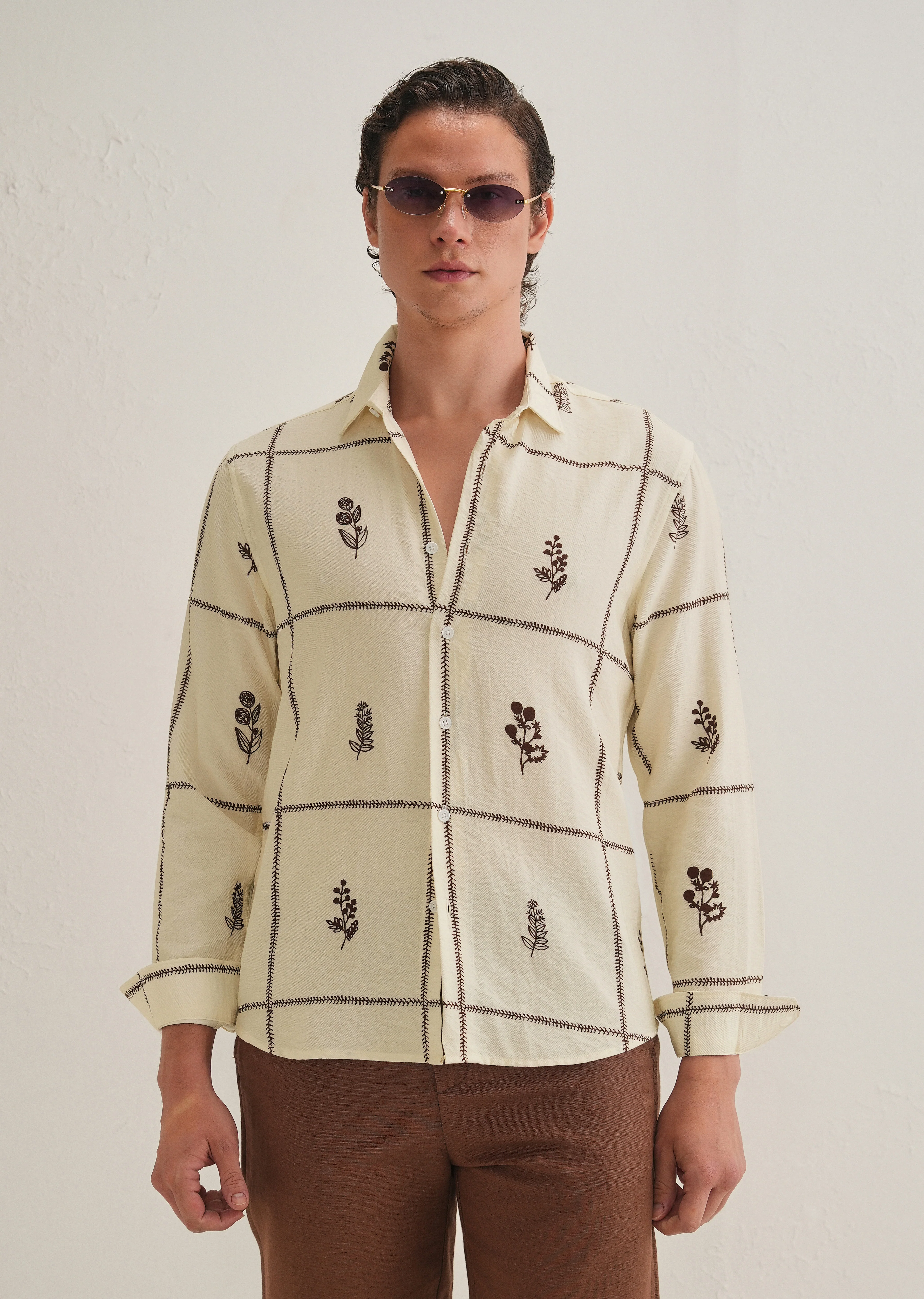 Cream Floral Grid Printed Shirt - Image 2