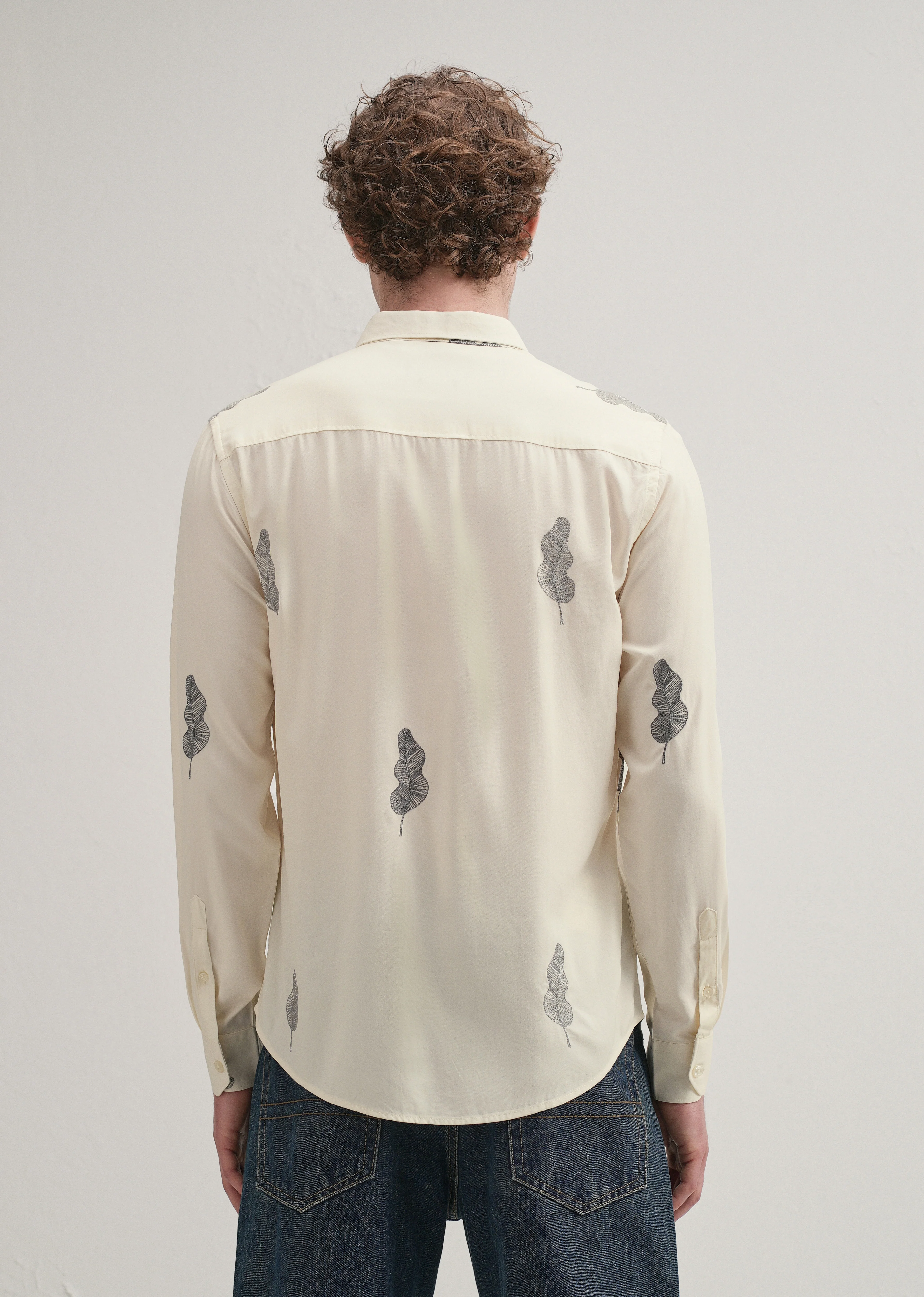 Cream Grey Leaf Motif Embroidery Shirt - Image 3