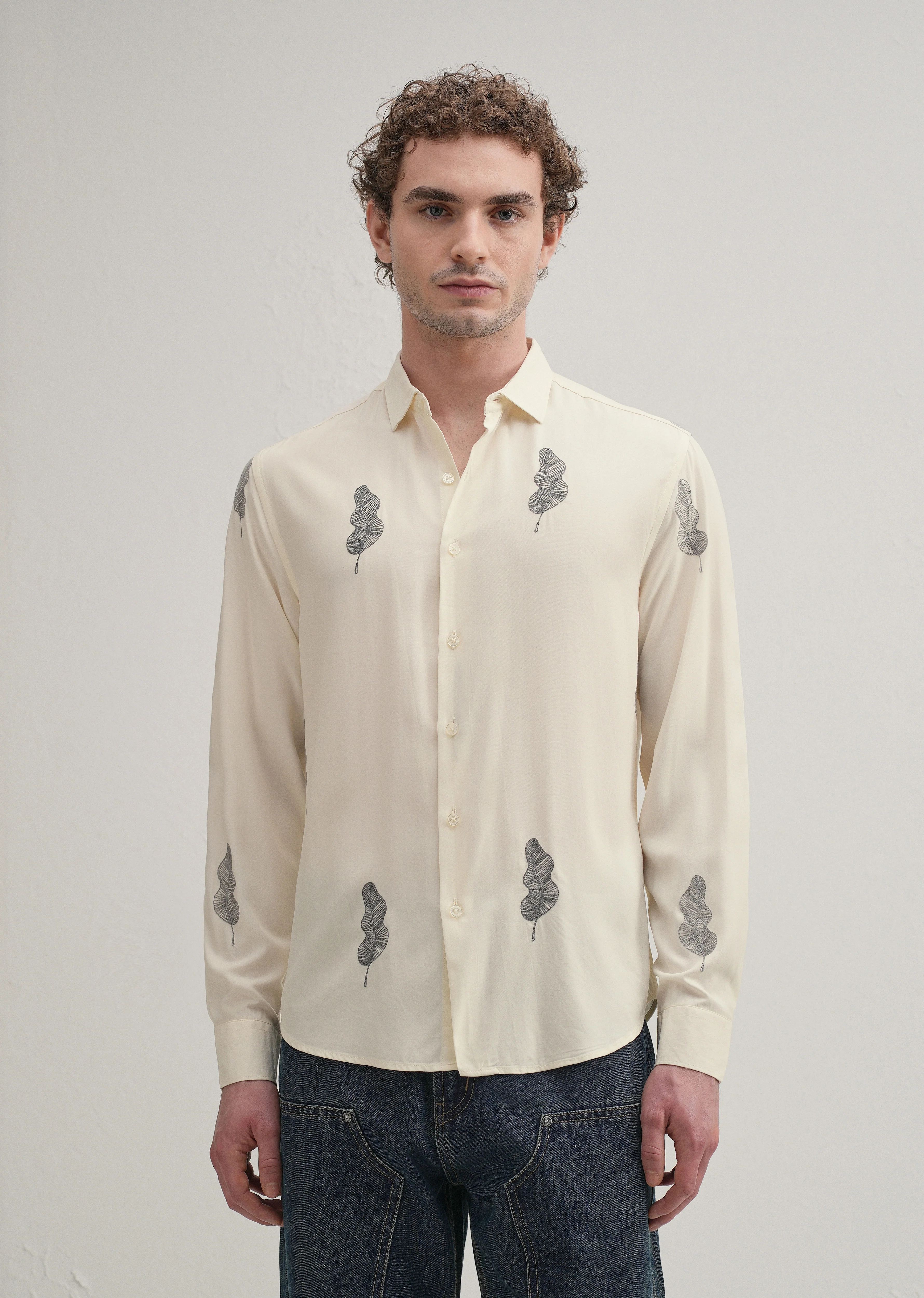 Cream Grey Leaf Motif Embroidery Shirt - Image 4