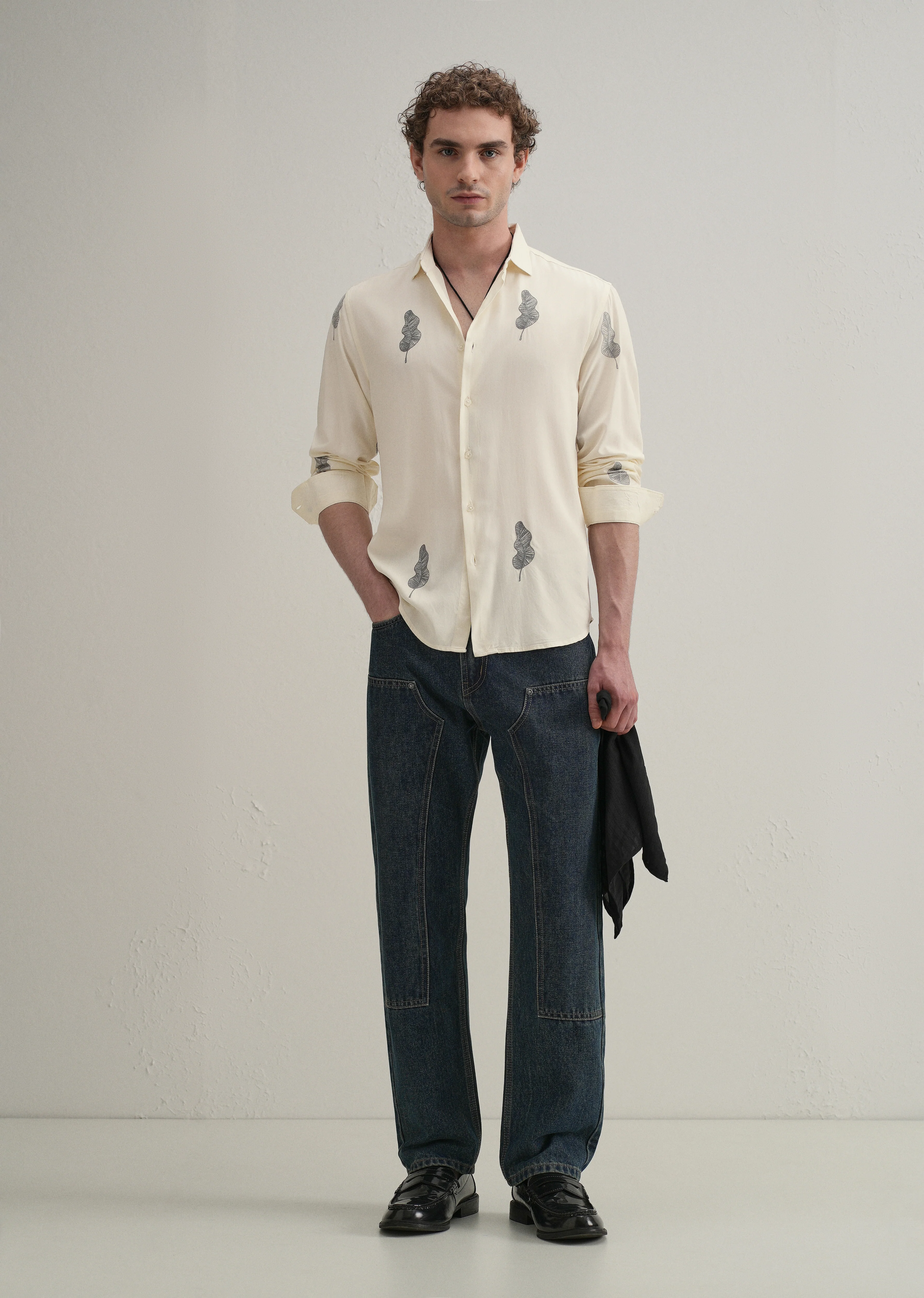 Cream Grey Leaf Motif Embroidery Shirt - Image 6