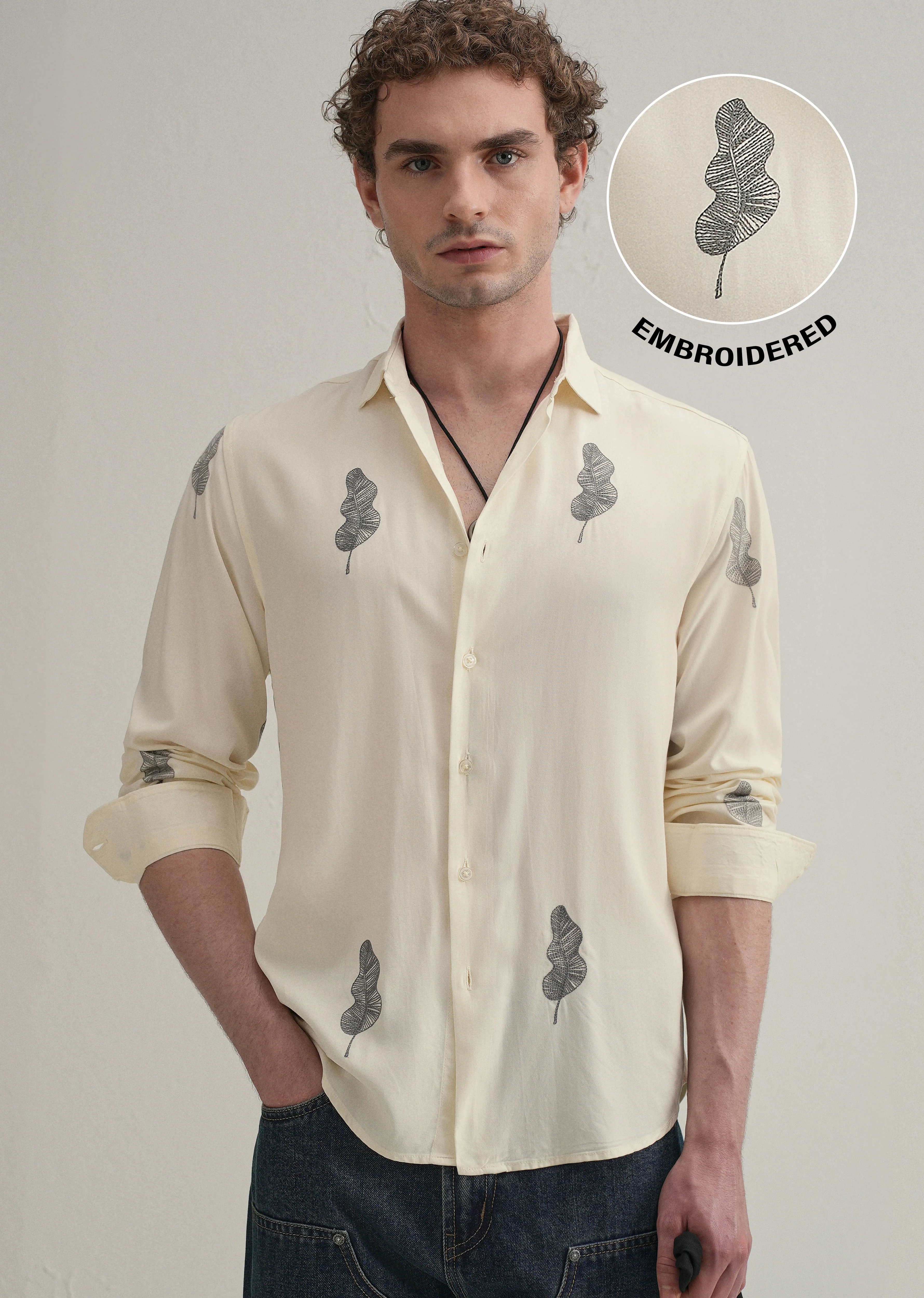 Cream Grey Leaf Motif Embroidery Shirt - Image 7