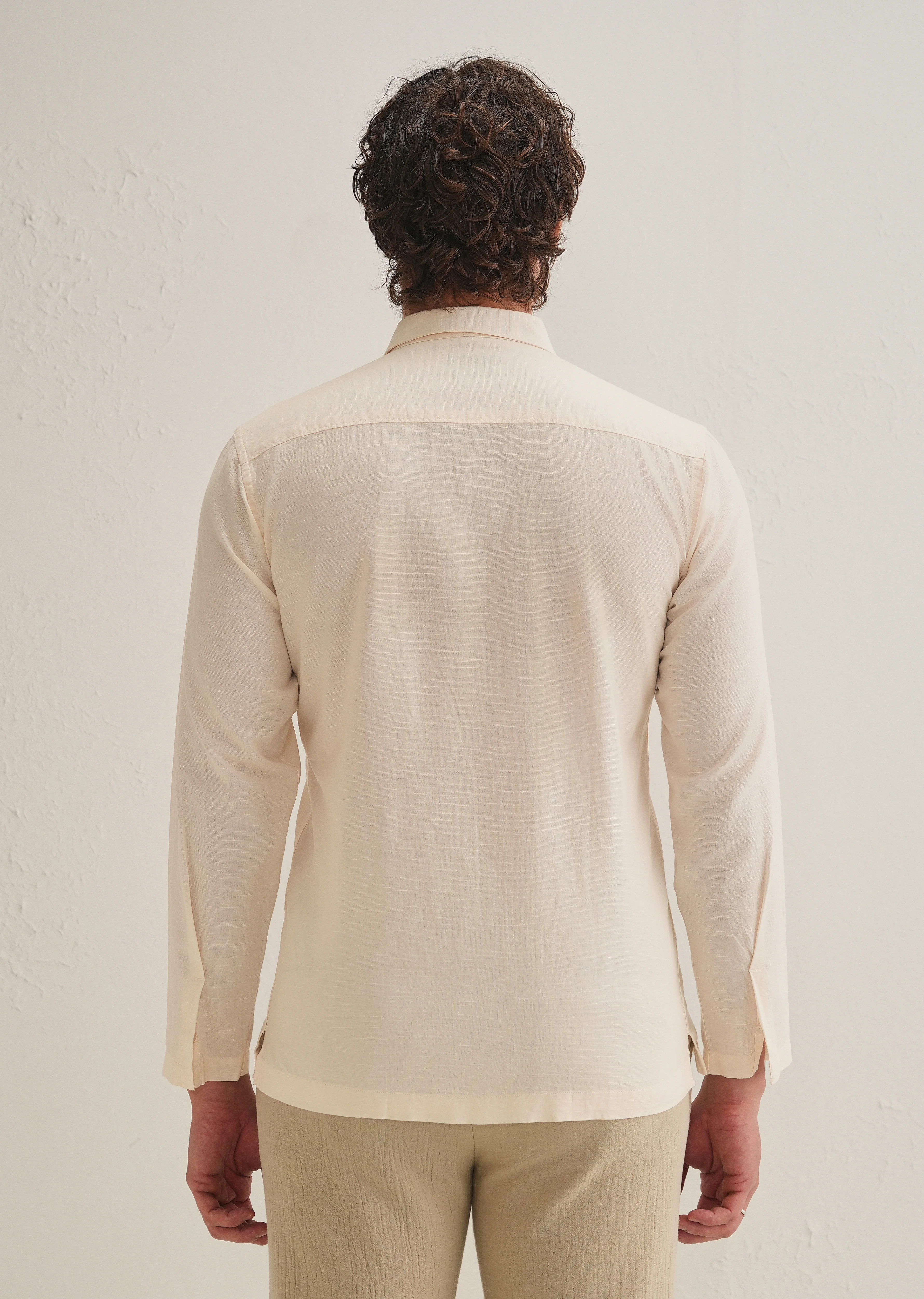Cream Hidden Sleeve Placket Cotton Linen Shirt - Image 5