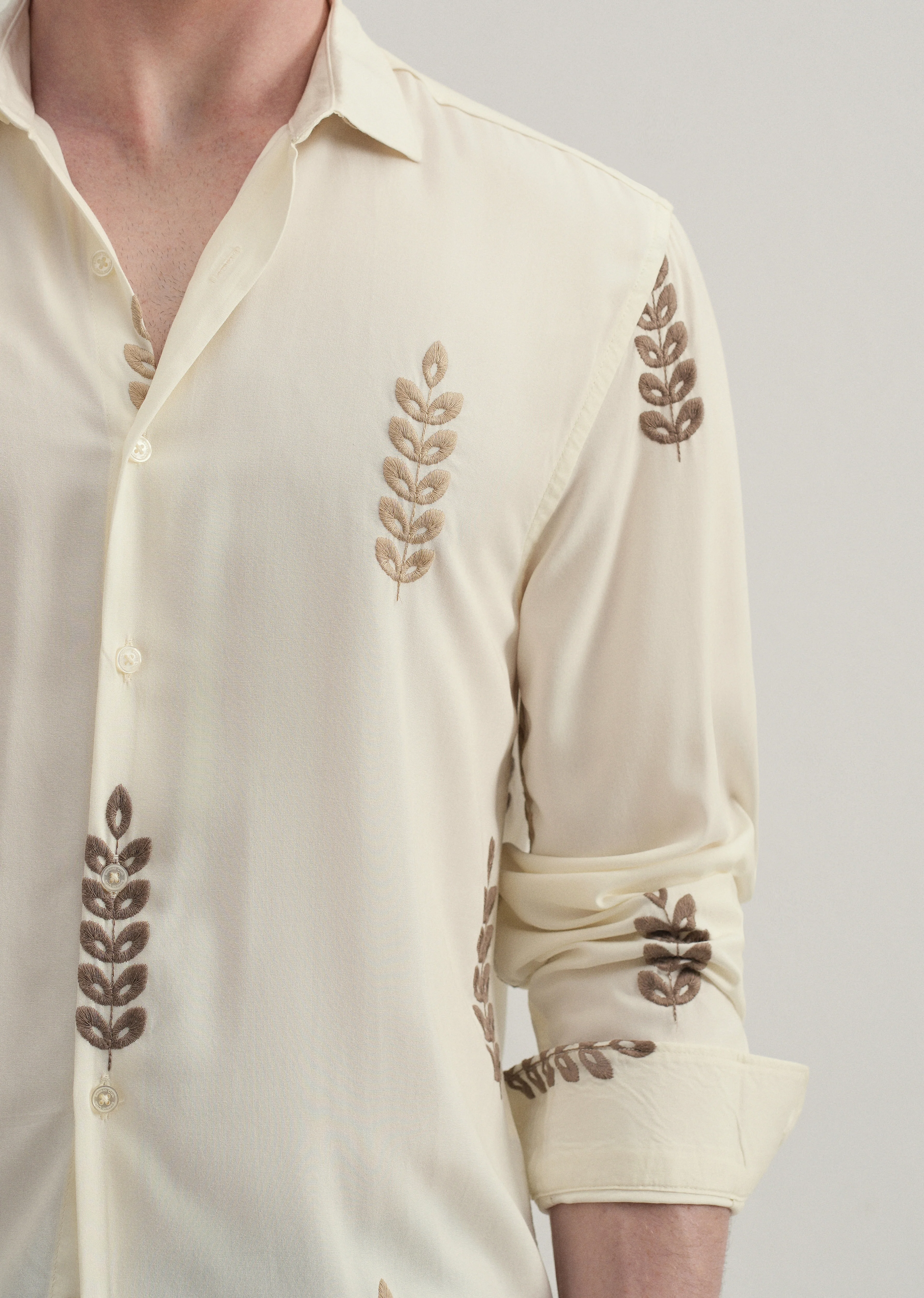 Cream Leaf Embroidery Shirt - Image 2