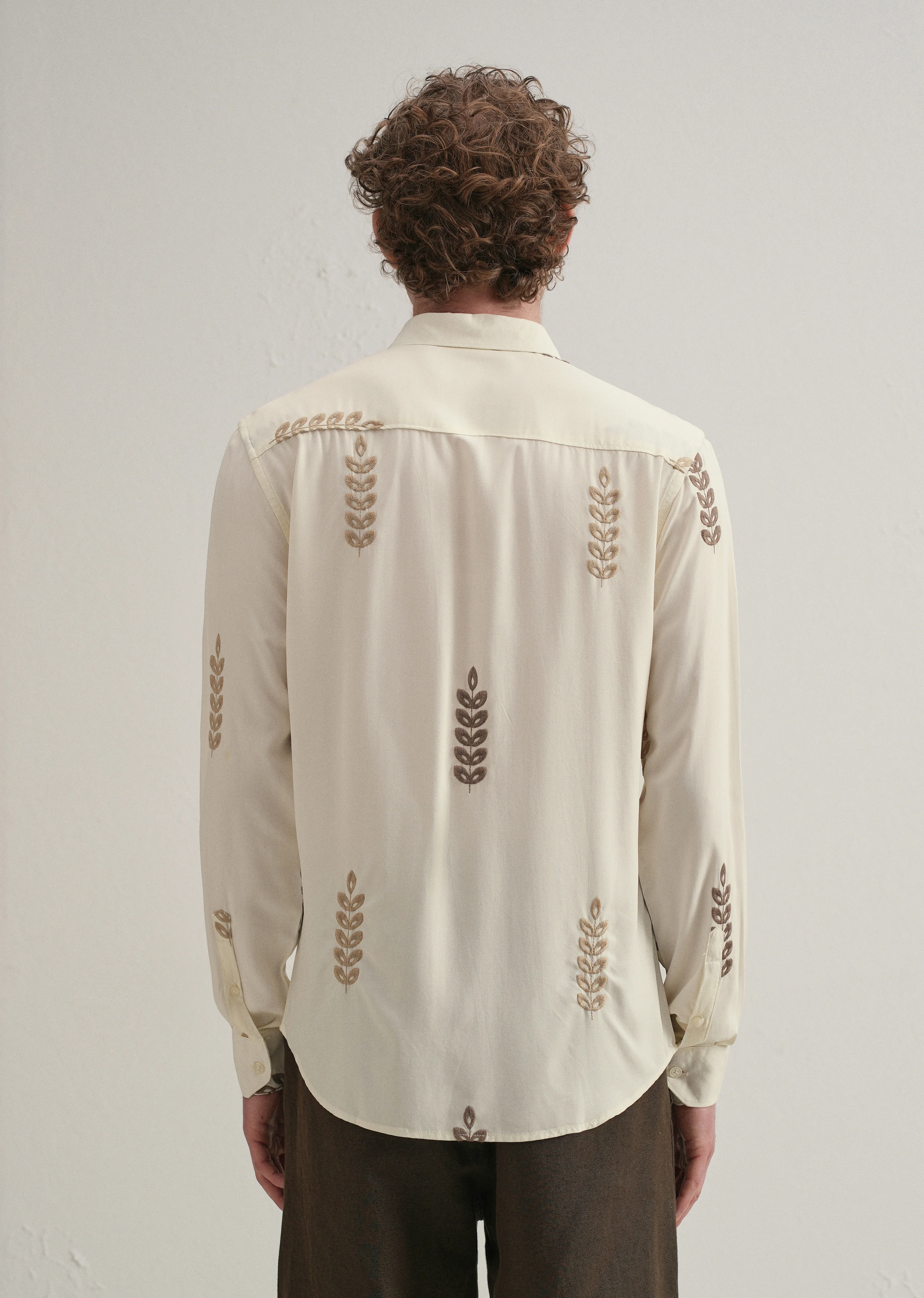 Cream Leaf Embroidery Shirt - Image 3