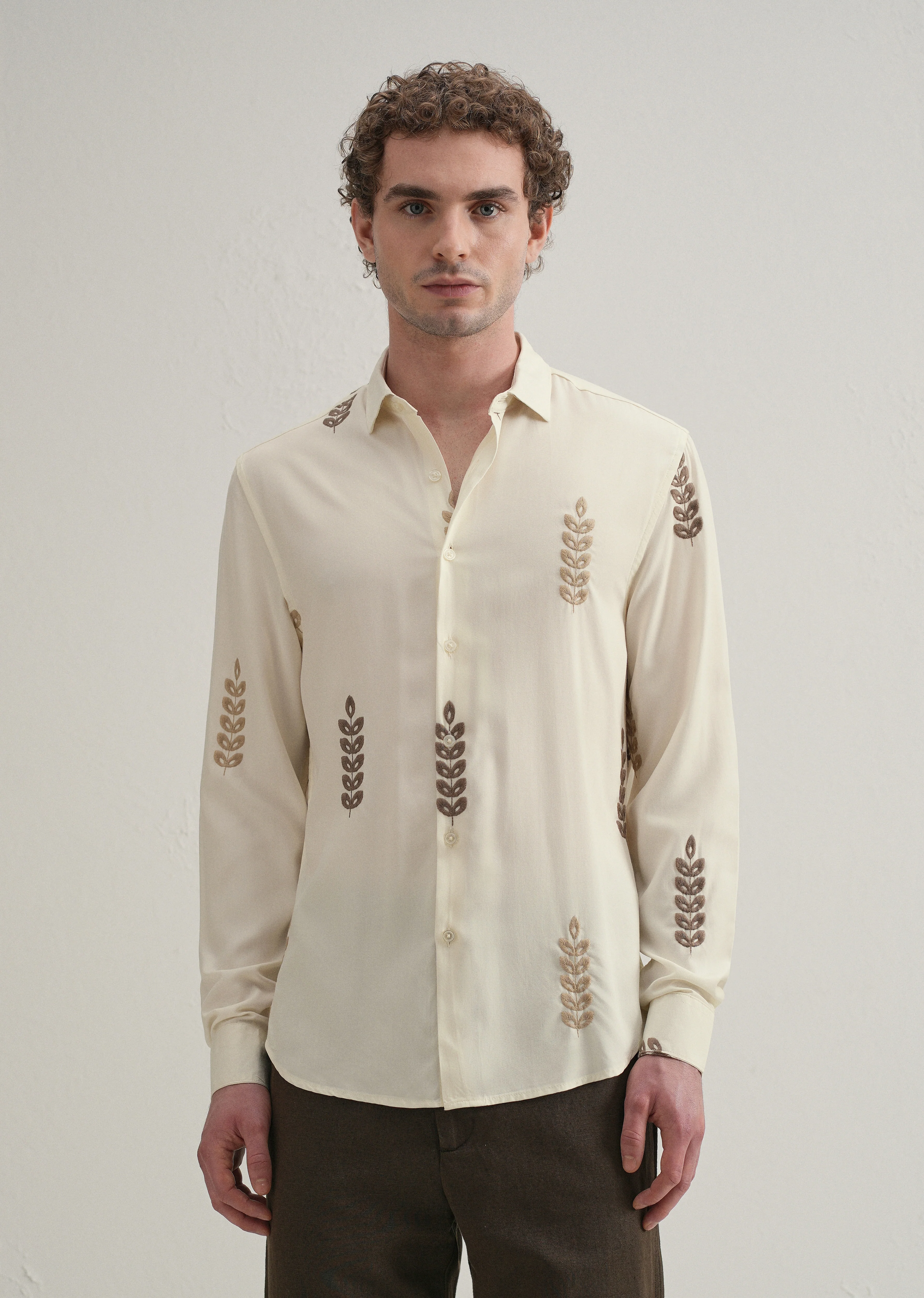 Cream Leaf Embroidery Shirt - Image 4