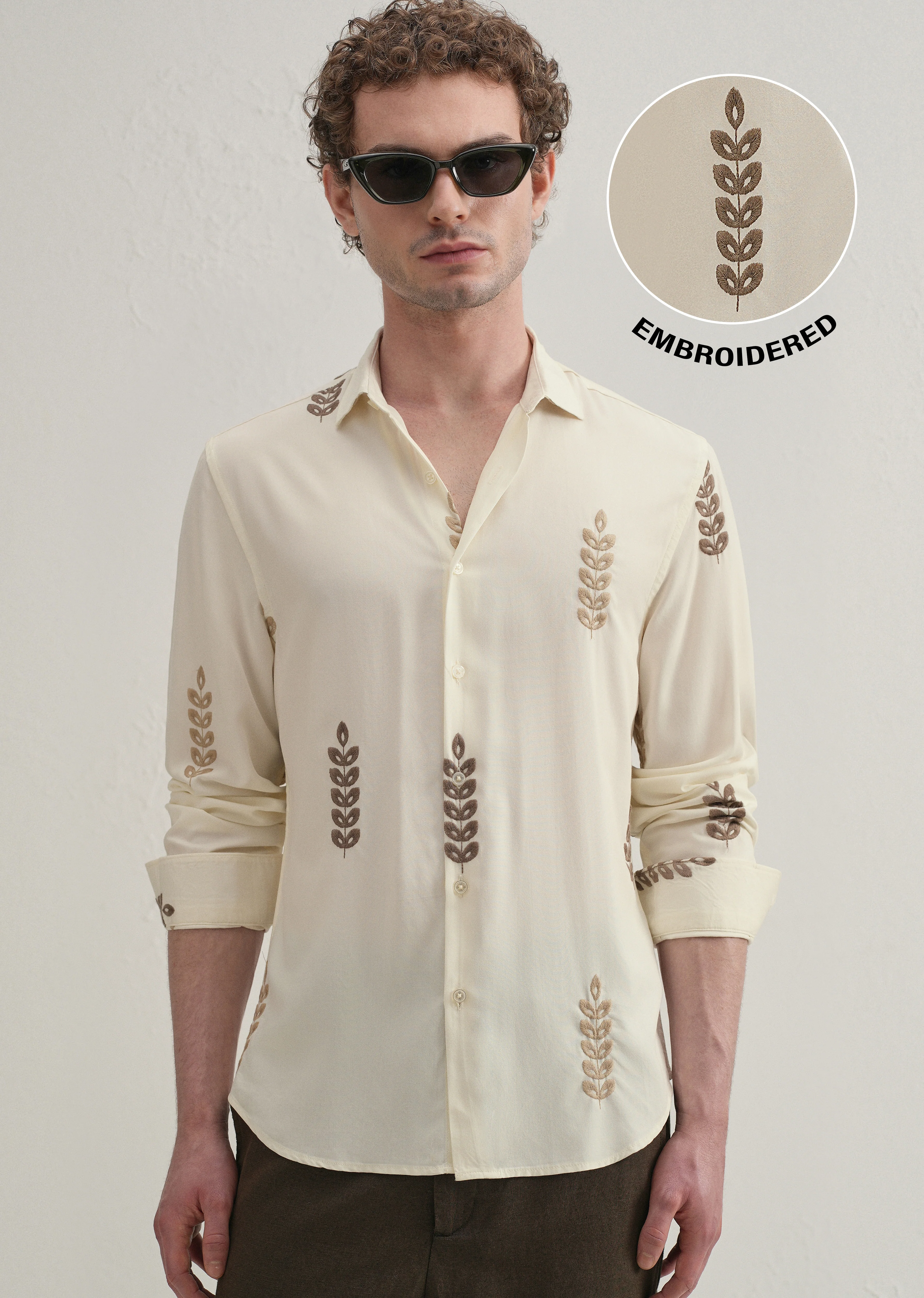 Cream Leaf Embroidery Shirt - Image 7