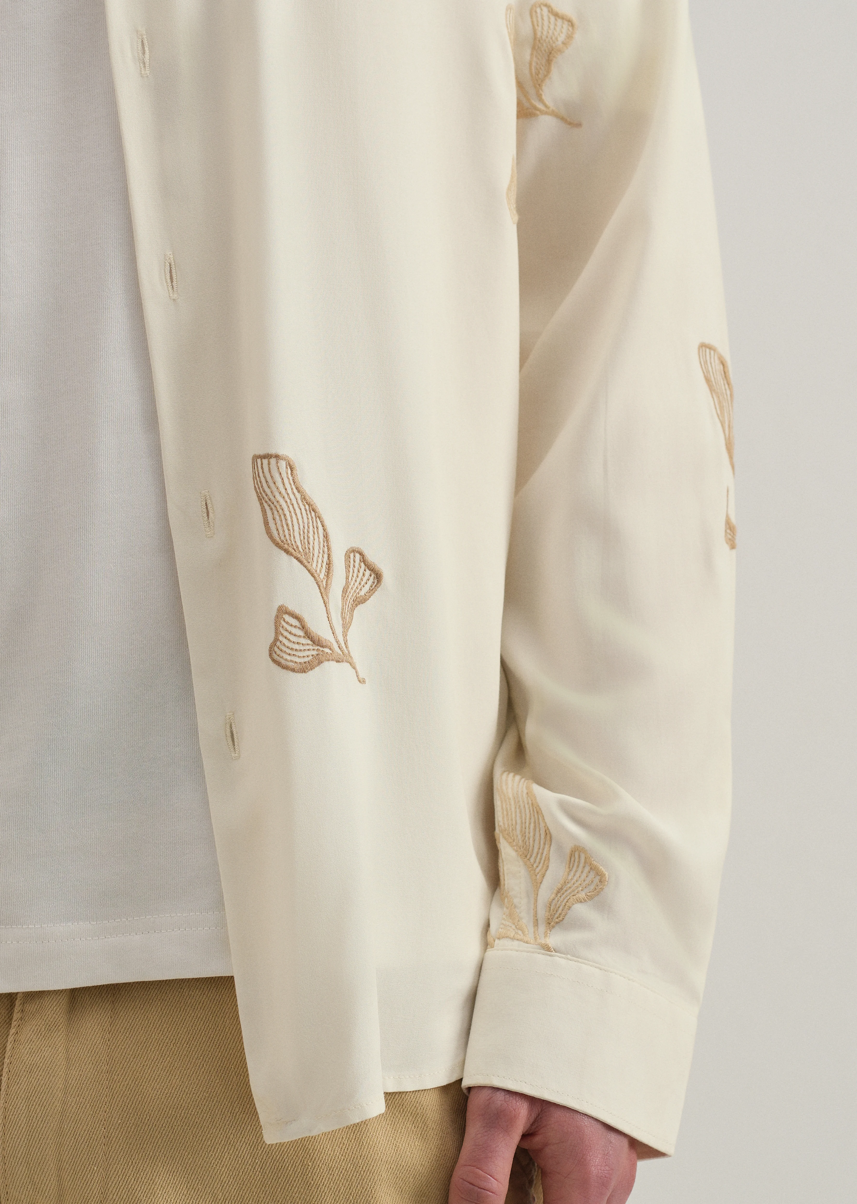 Cream Leaf Motif Embroidery Shirt - Image 2
