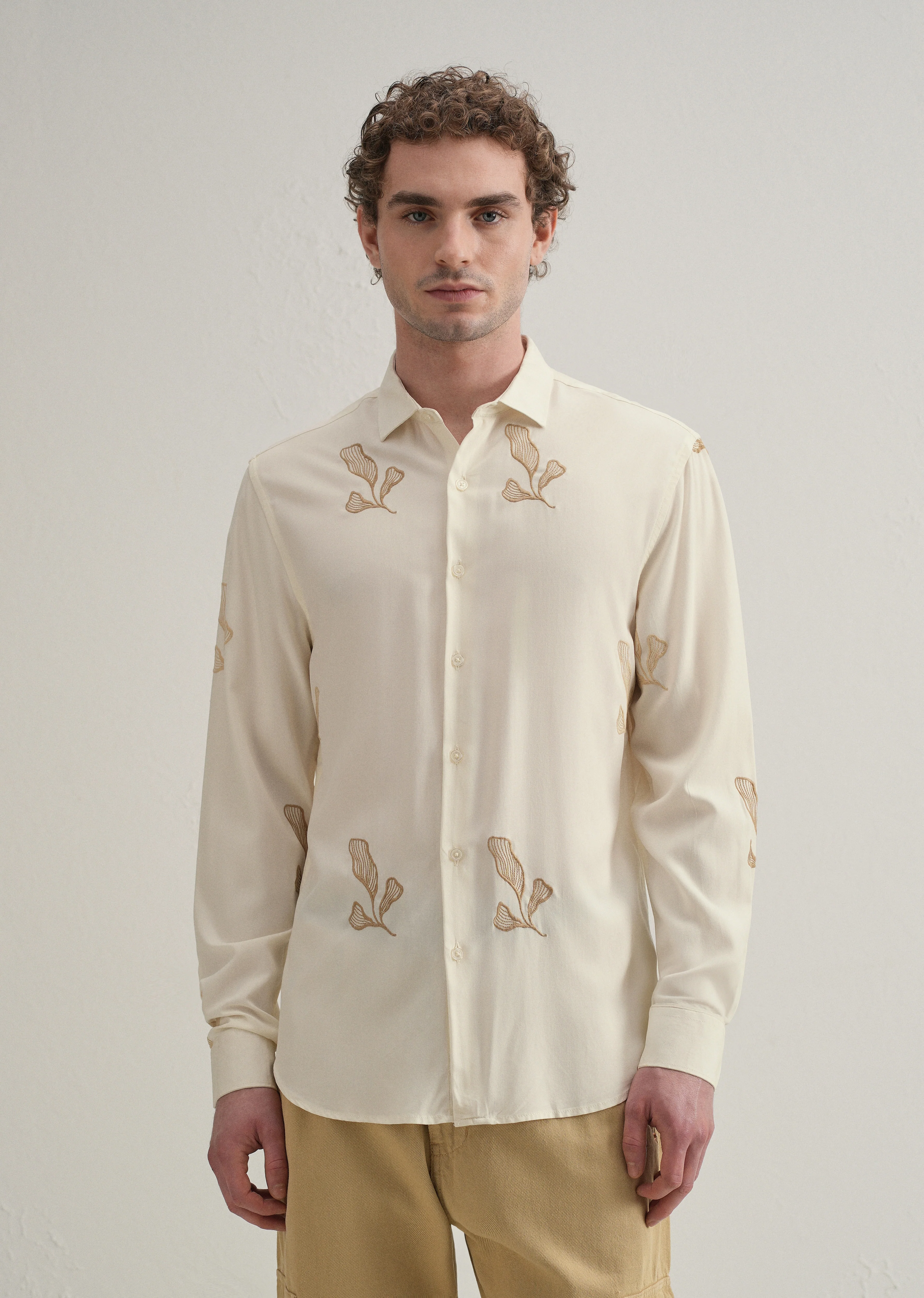 Cream Leaf Motif Embroidery Shirt - Image 4