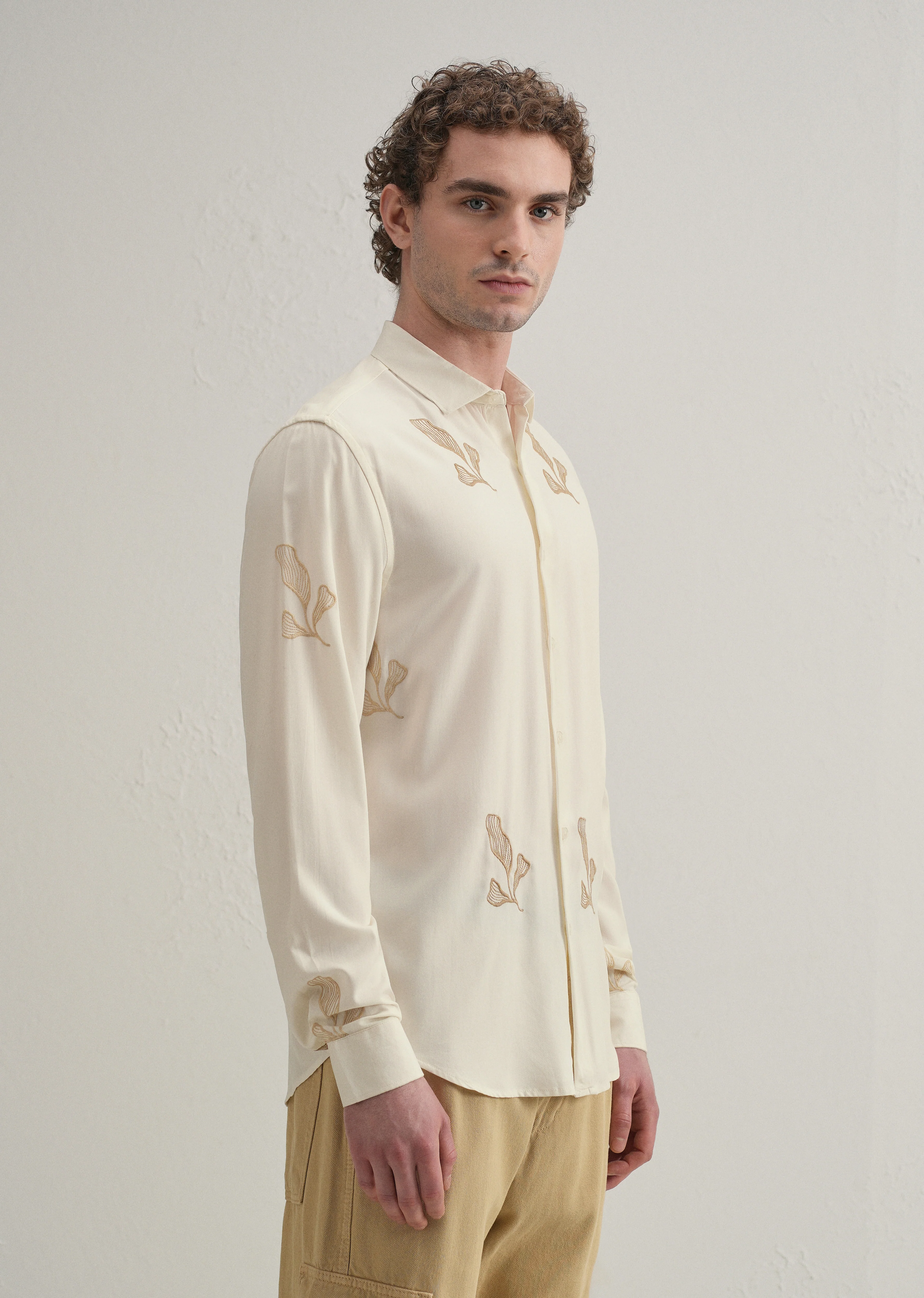 Cream Leaf Motif Embroidery Shirt - Image 5