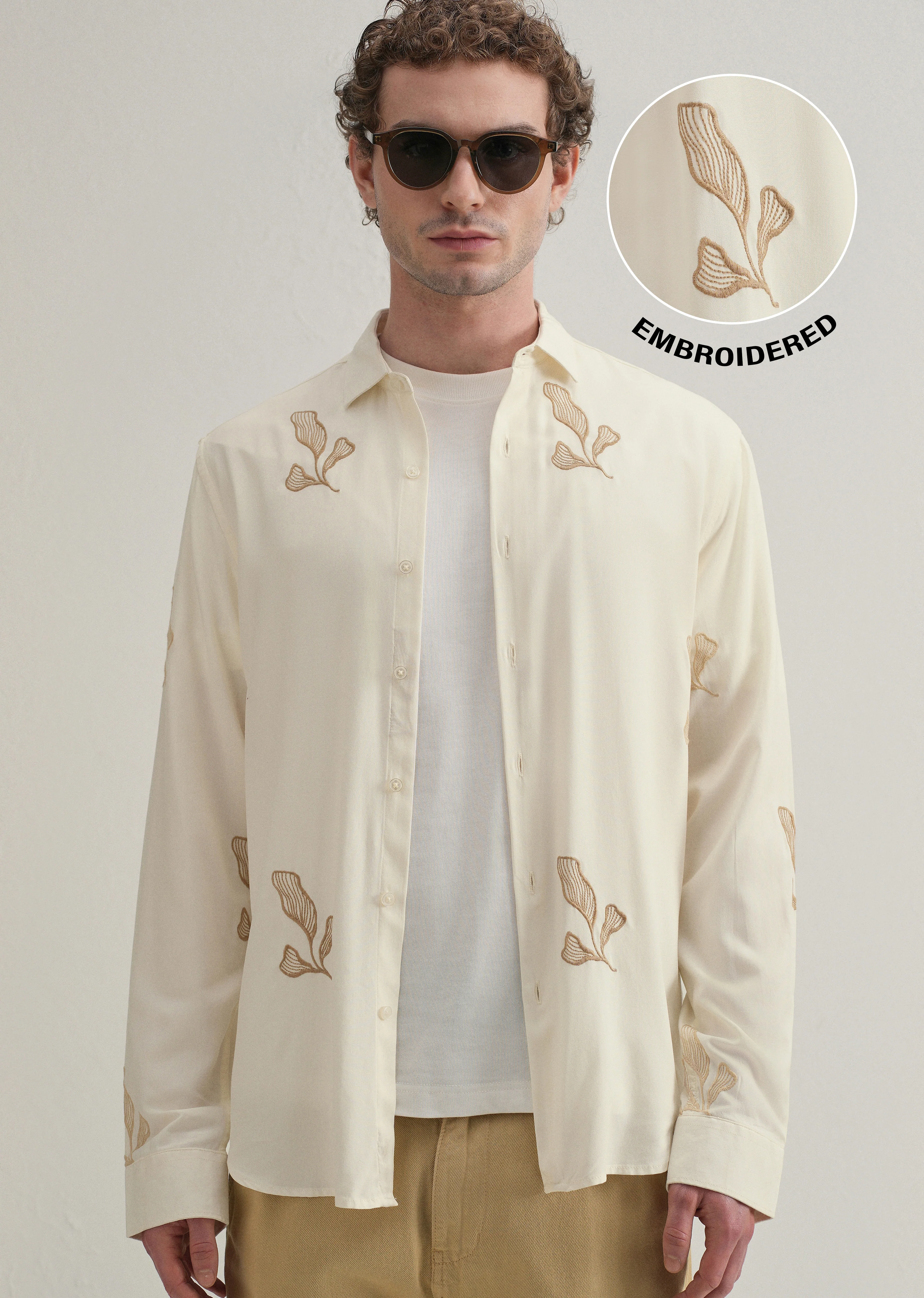 Cream Leaf Motif Embroidery Shirt - Image 7
