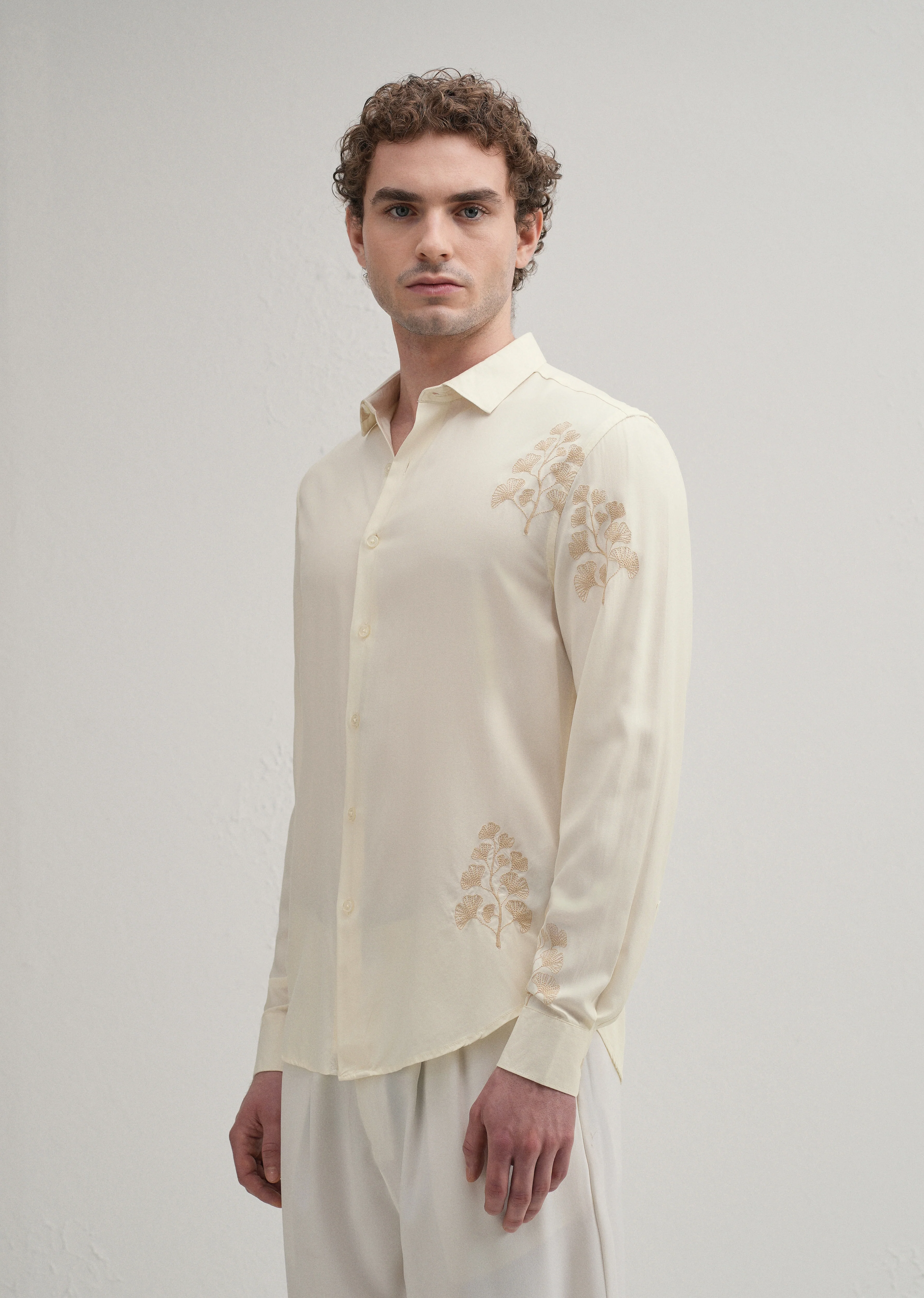 Cream Motif Embroidery Shirt - Image 5