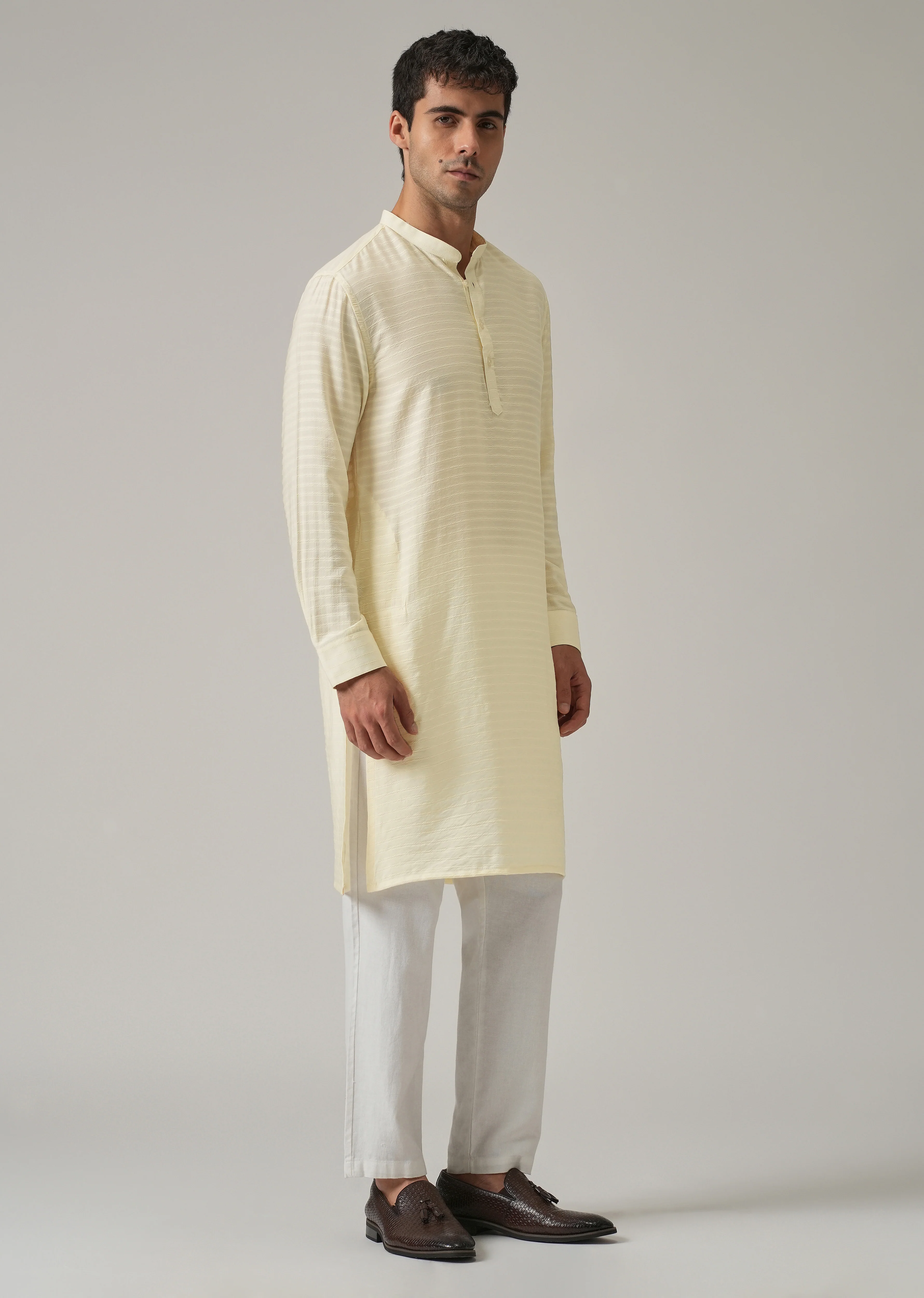 Cream Nylon Self Stripe Kurta - Image 4