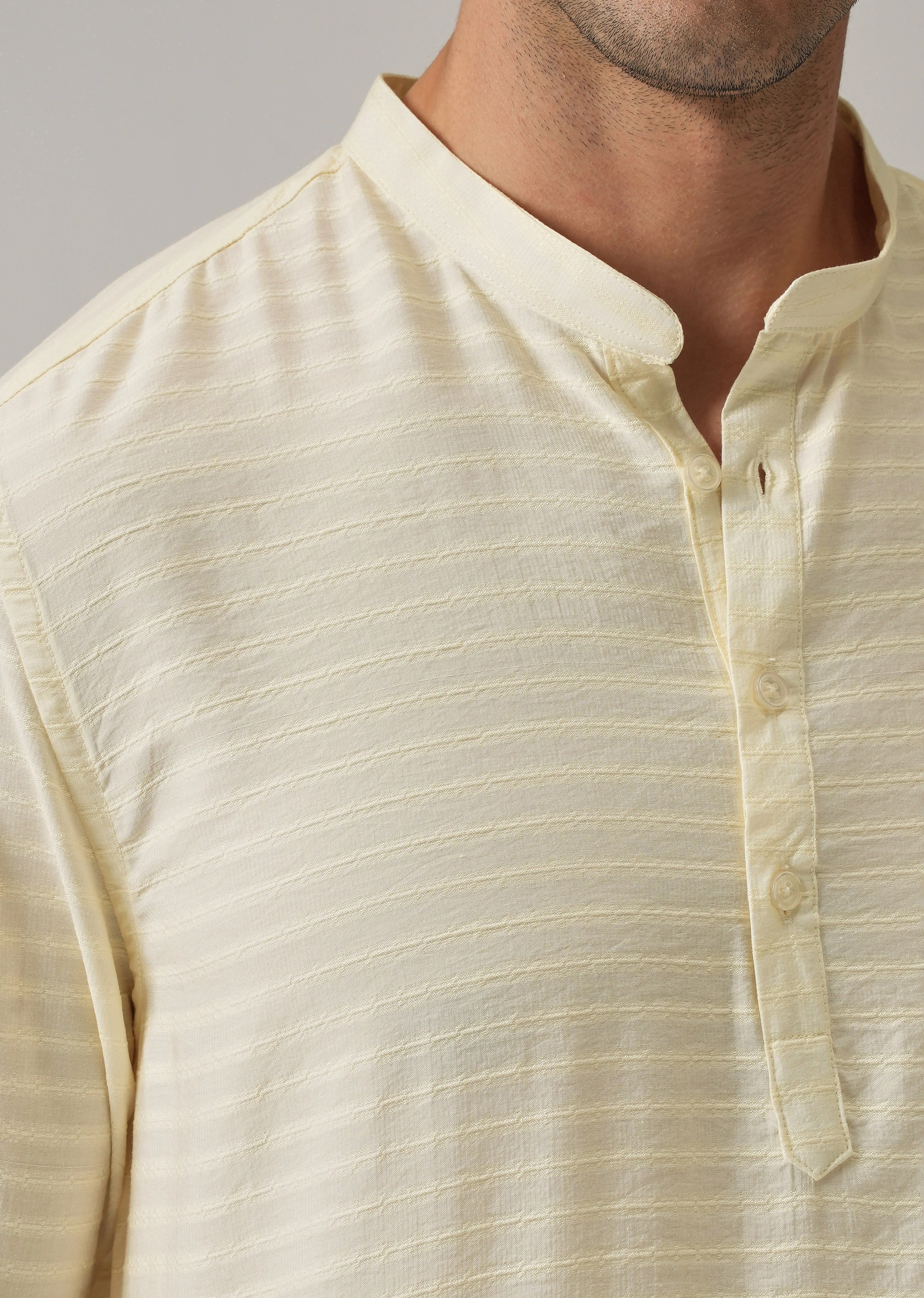Cream Nylon Self Stripe Kurta - Image 5