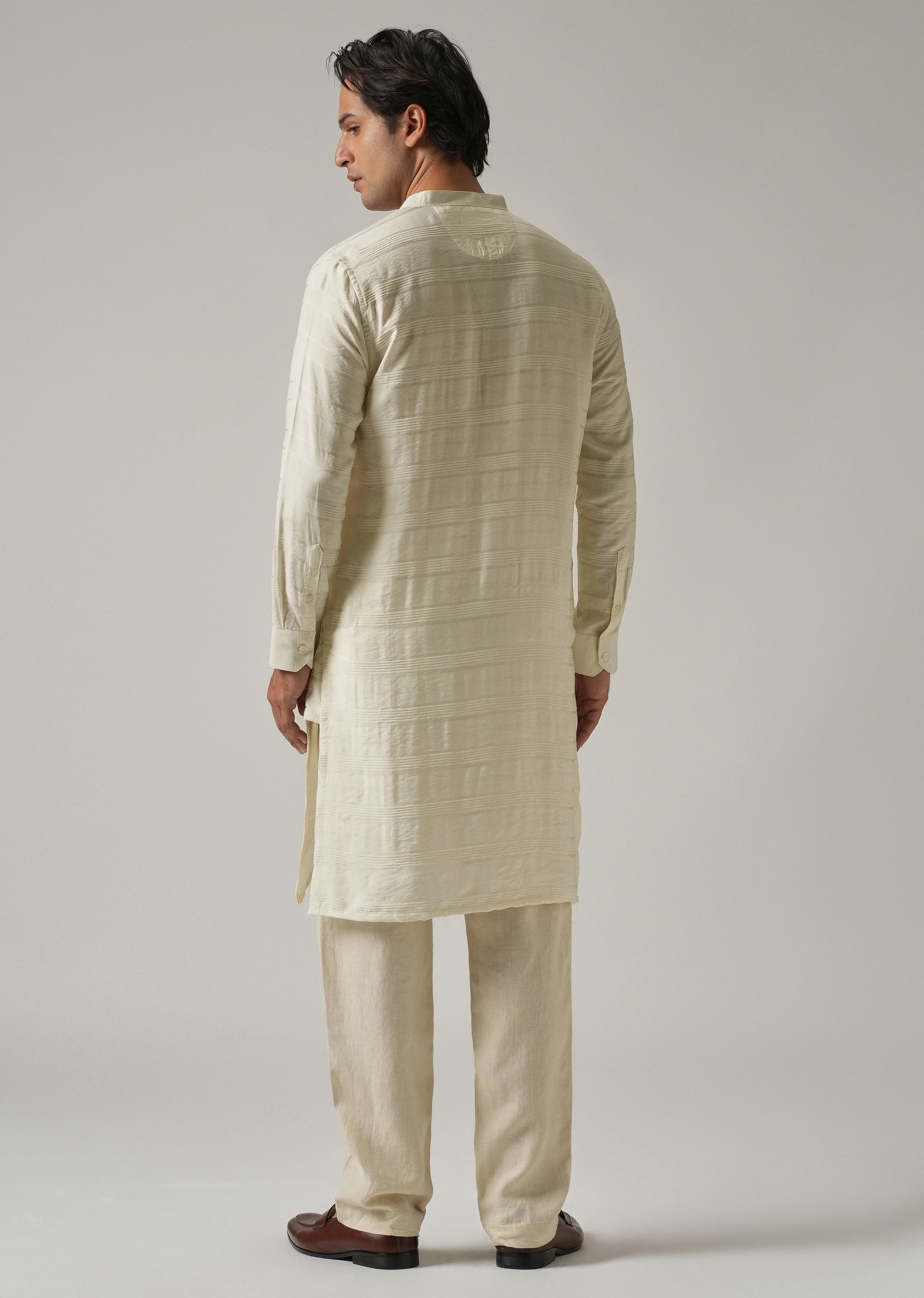 Cream Nylon Subtle Stripe Kurta - Image 2