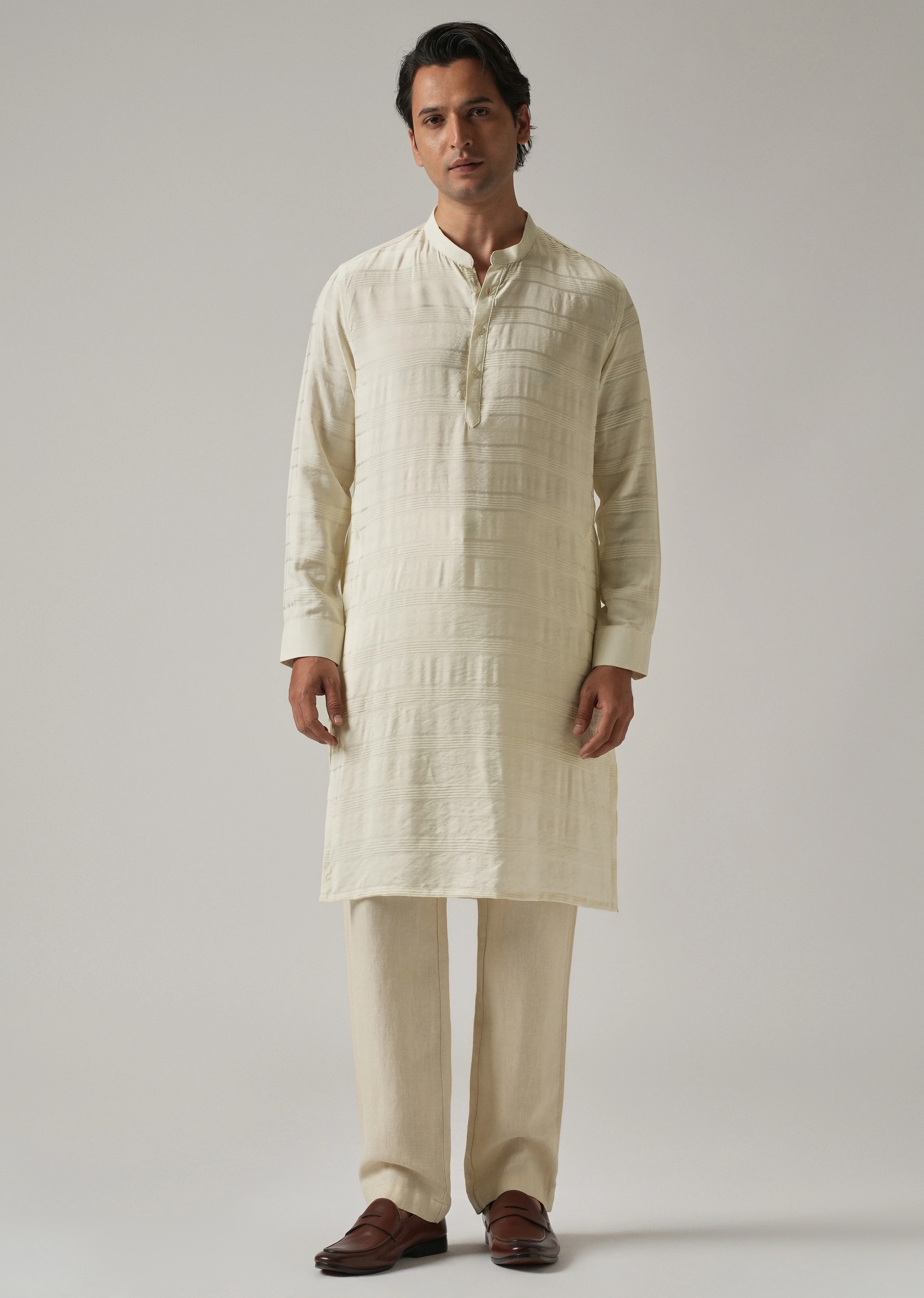 Cream Nylon Subtle Stripe Kurta - Image 3