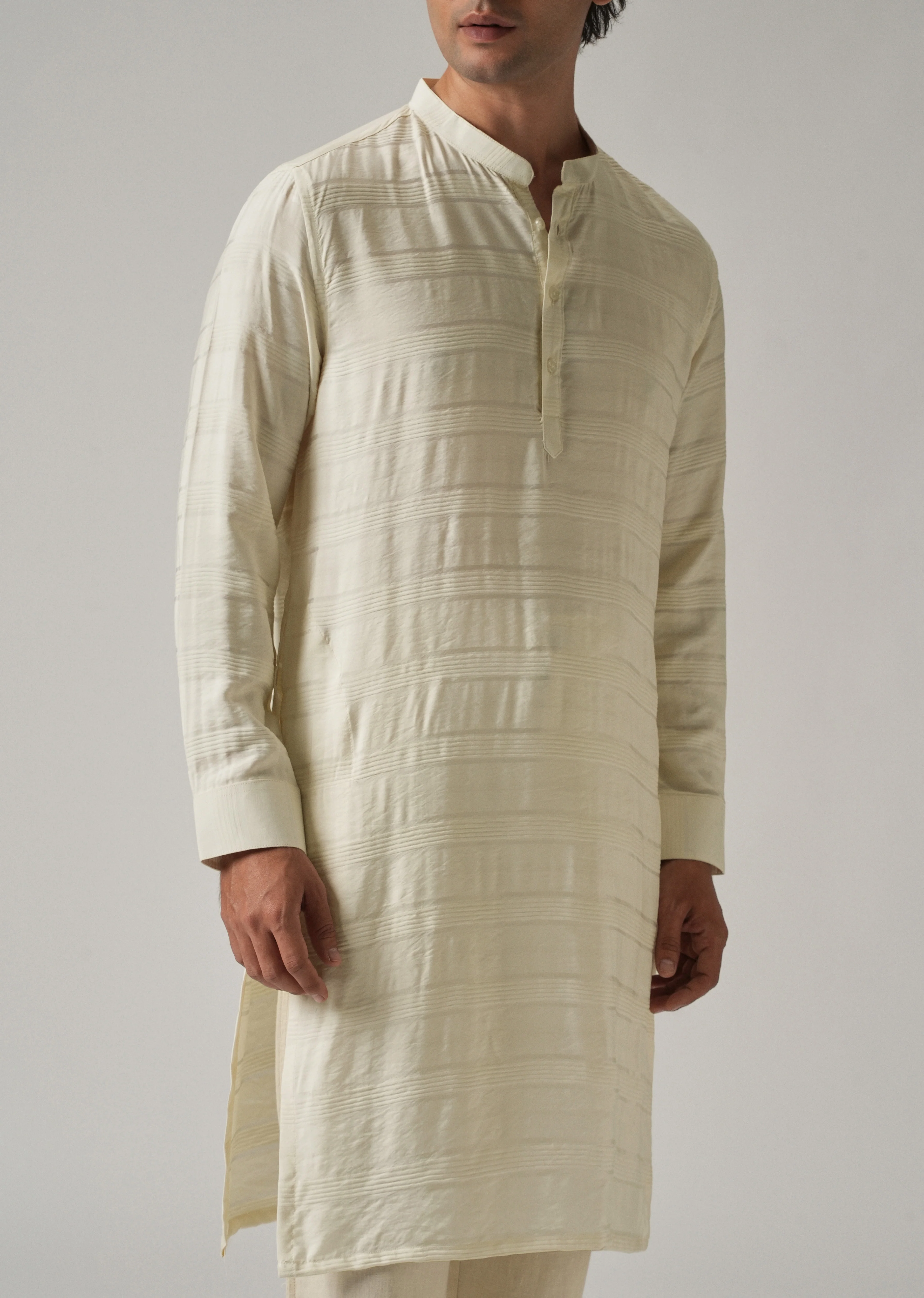 Cream Nylon Subtle Stripe Kurta - Image 7