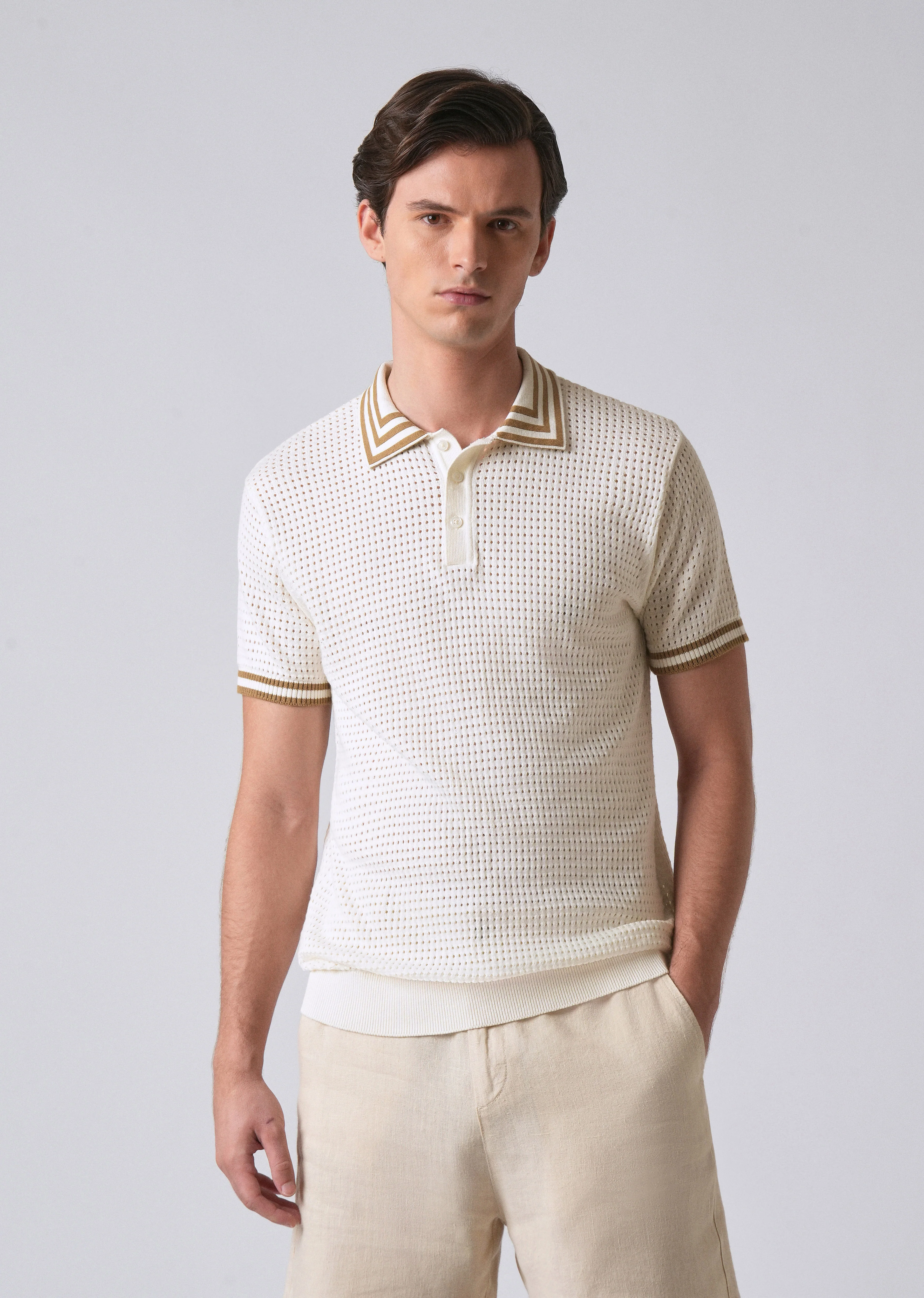 Cream Open Knitted Polo T-shirt - Image 3