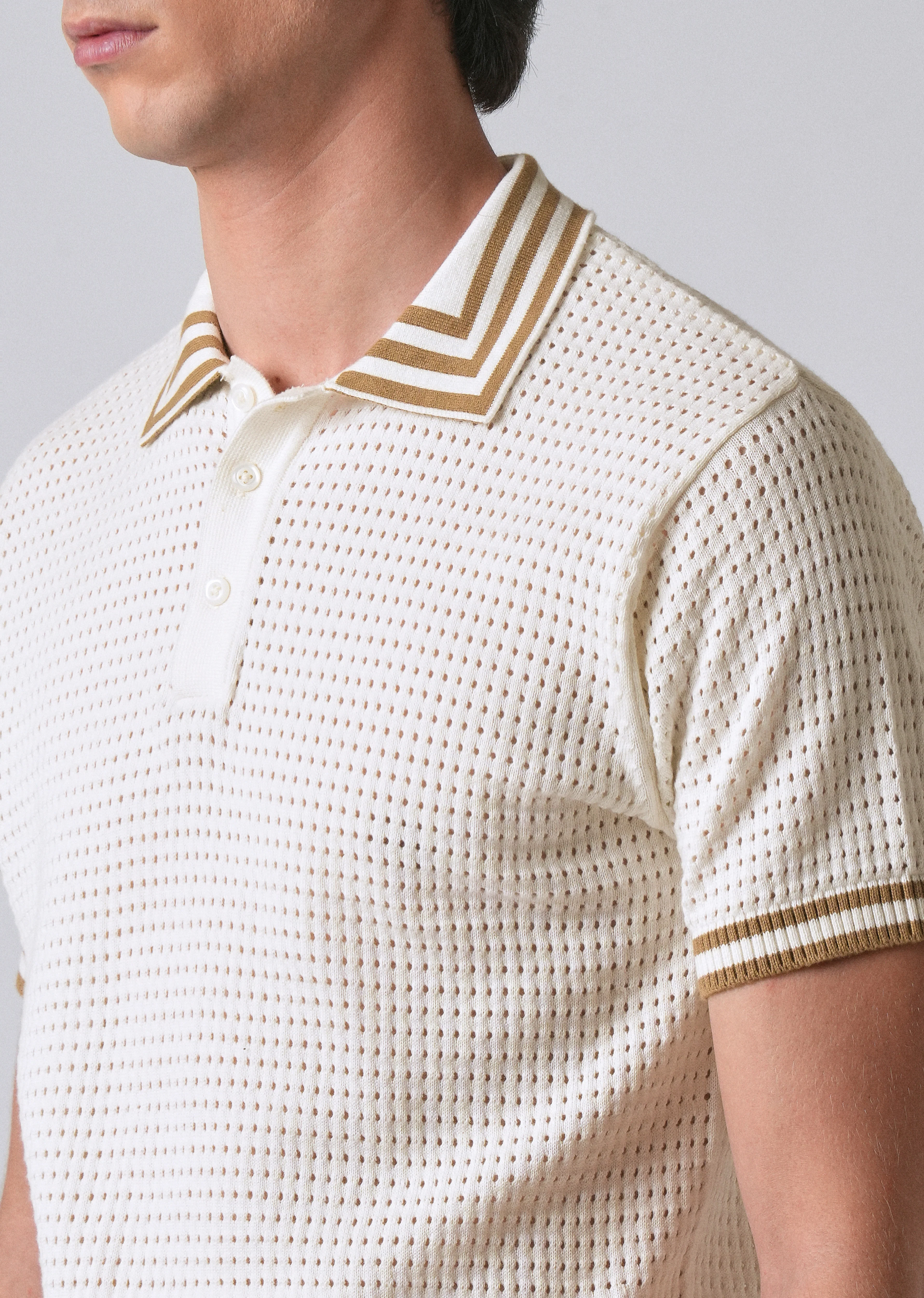 Cream Open Knitted Polo T-shirt - Image 5
