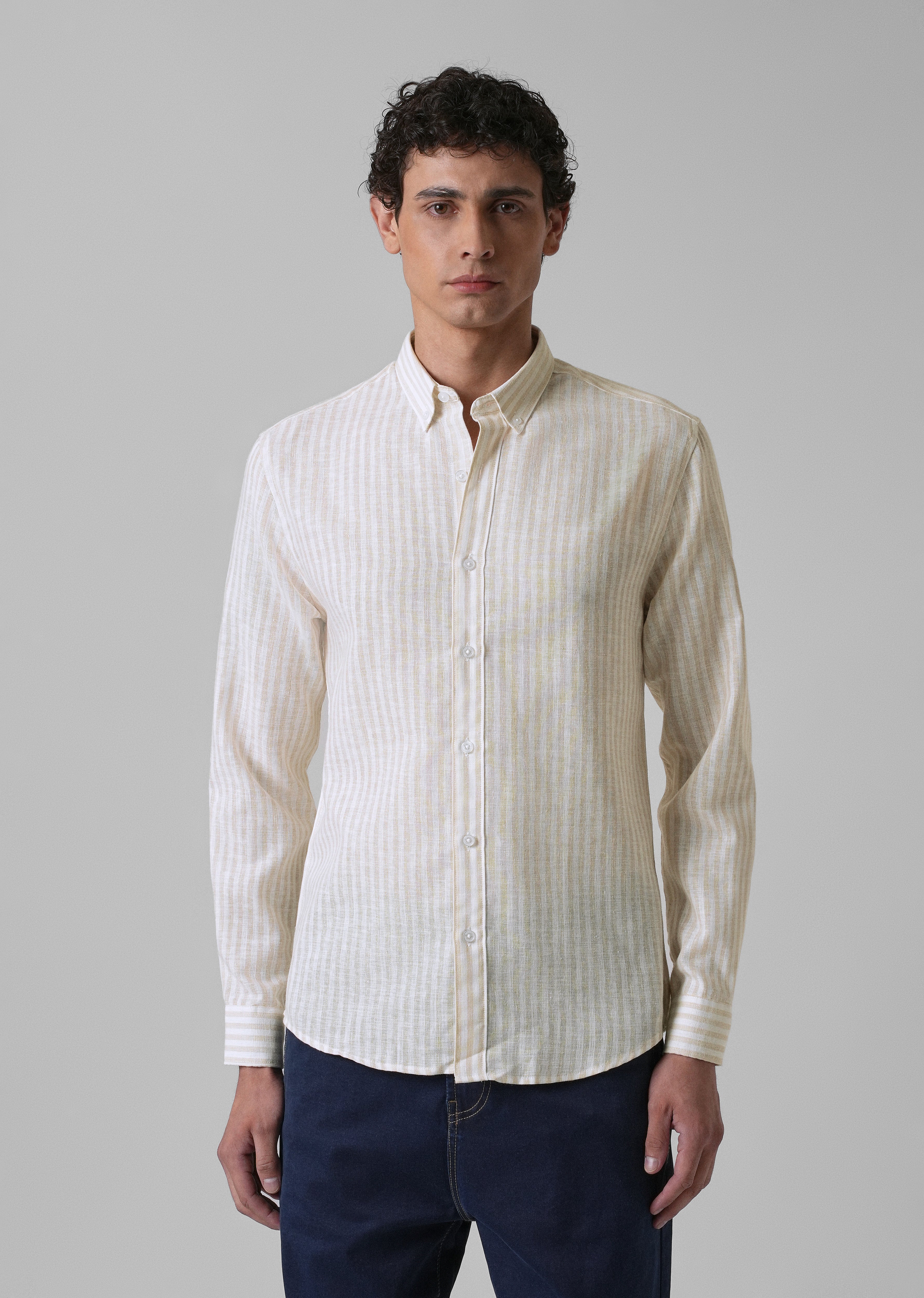 Cream Pin Stripe Blended linen shirt - Image 3