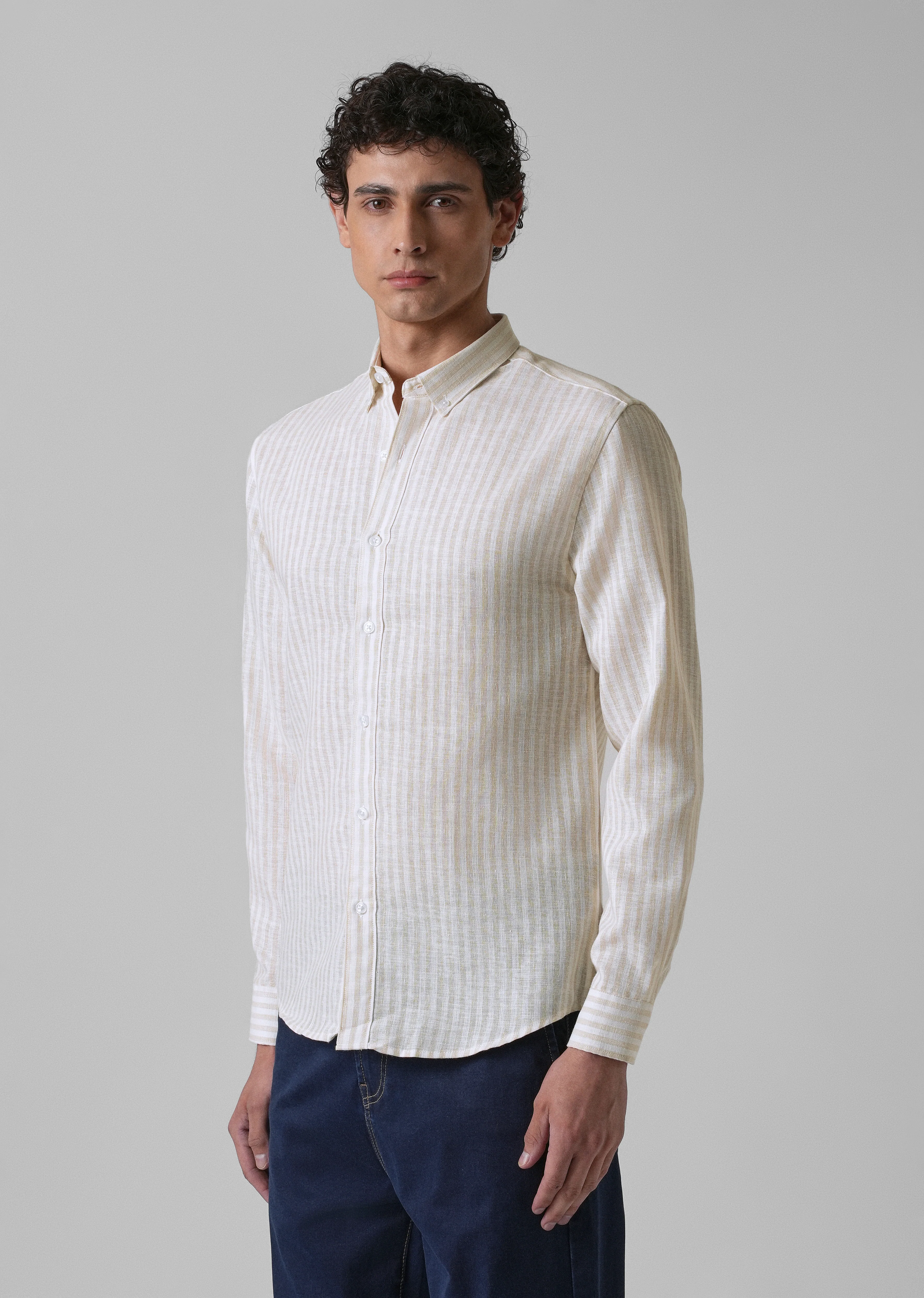 Cream Pin Stripe Blended linen shirt - Image 4
