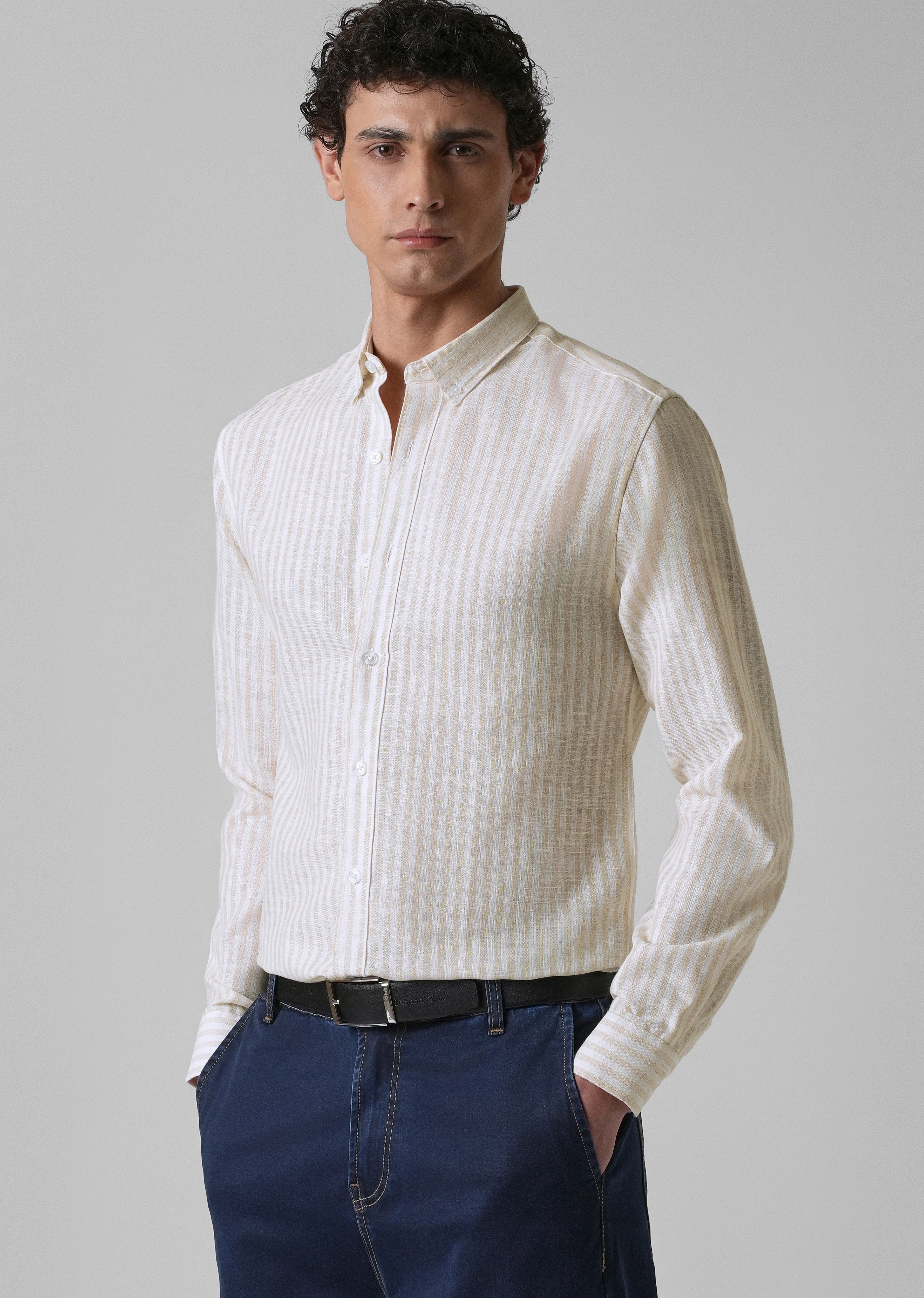 Cream Pin Stripe Blended linen shirt - Image 7