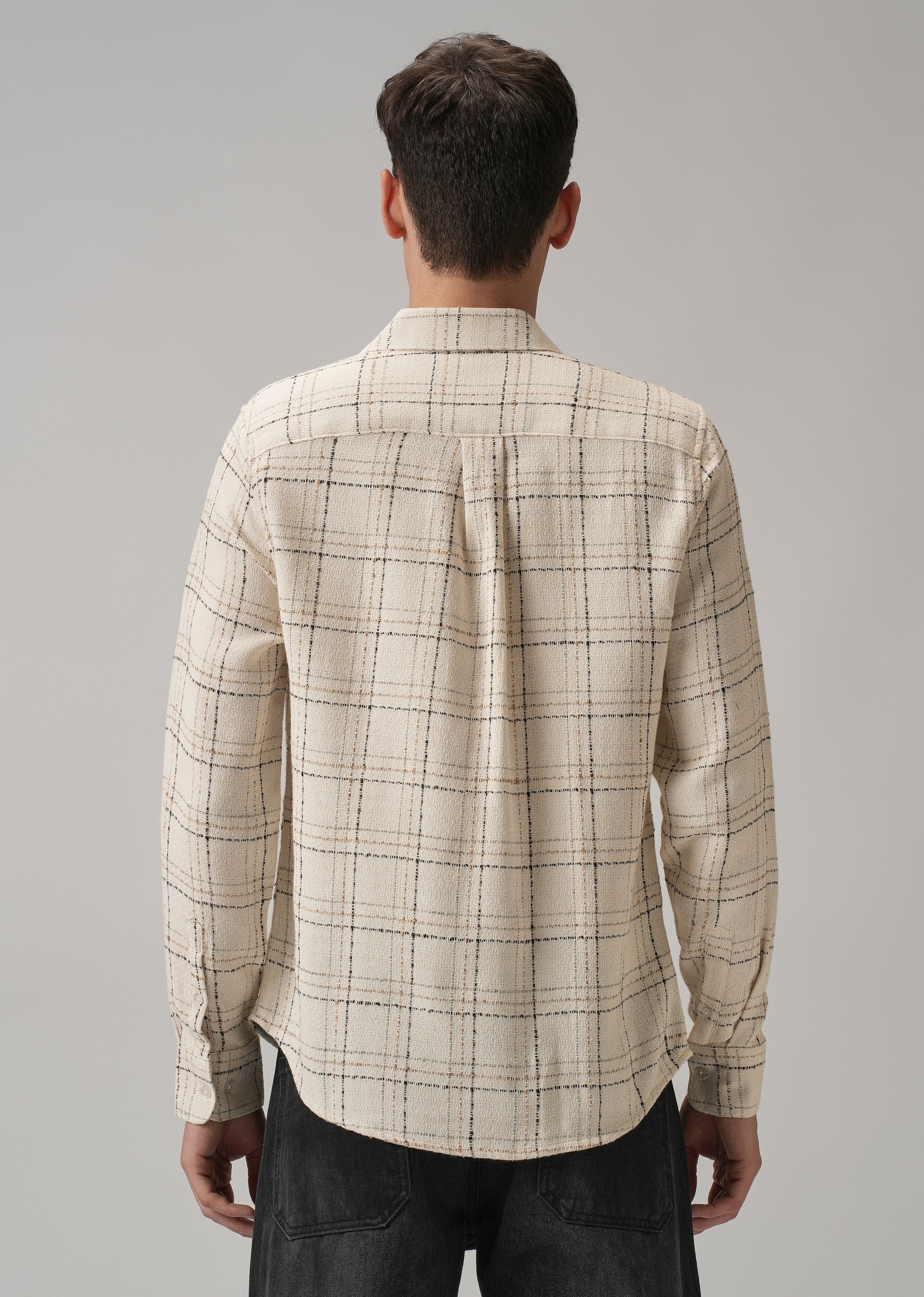 Cream Plaid Textured Cotton Check Shirt - Image 2