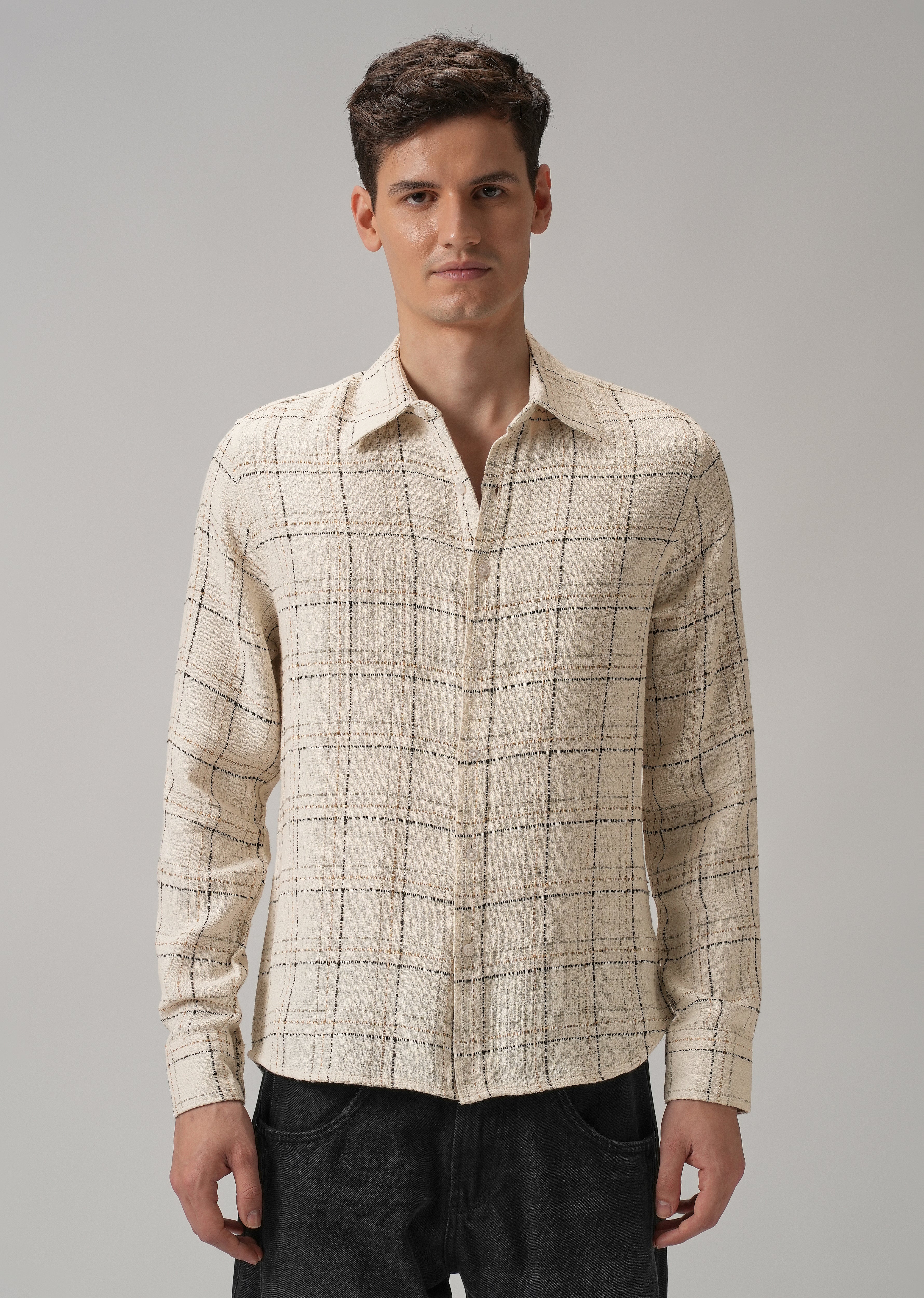 Cream Plaid Textured Cotton Check Shirt - Image 3