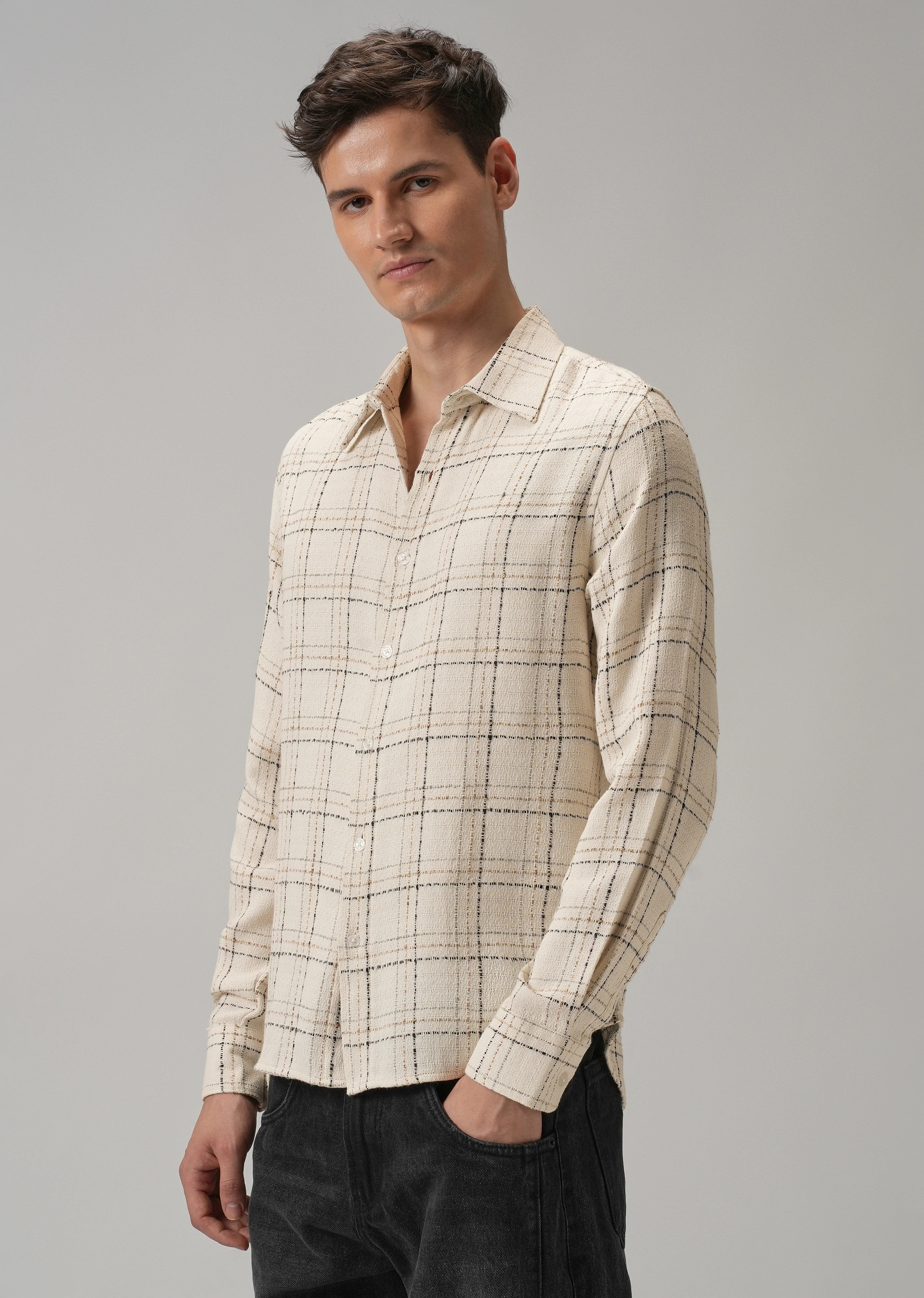 Cream Plaid Textured Cotton Check Shirt - Image 4