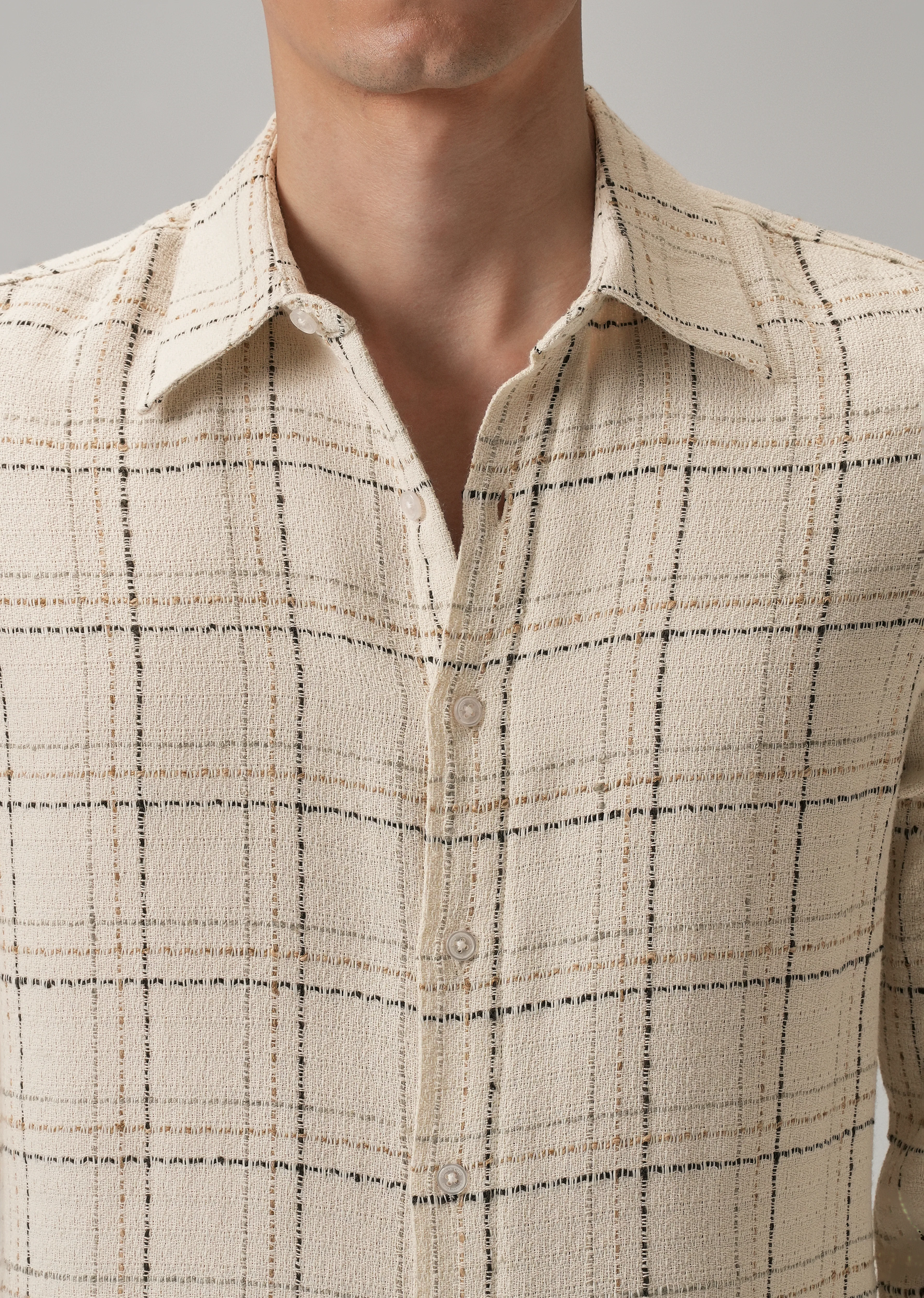 Cream Plaid Textured Cotton Check Shirt - Image 5