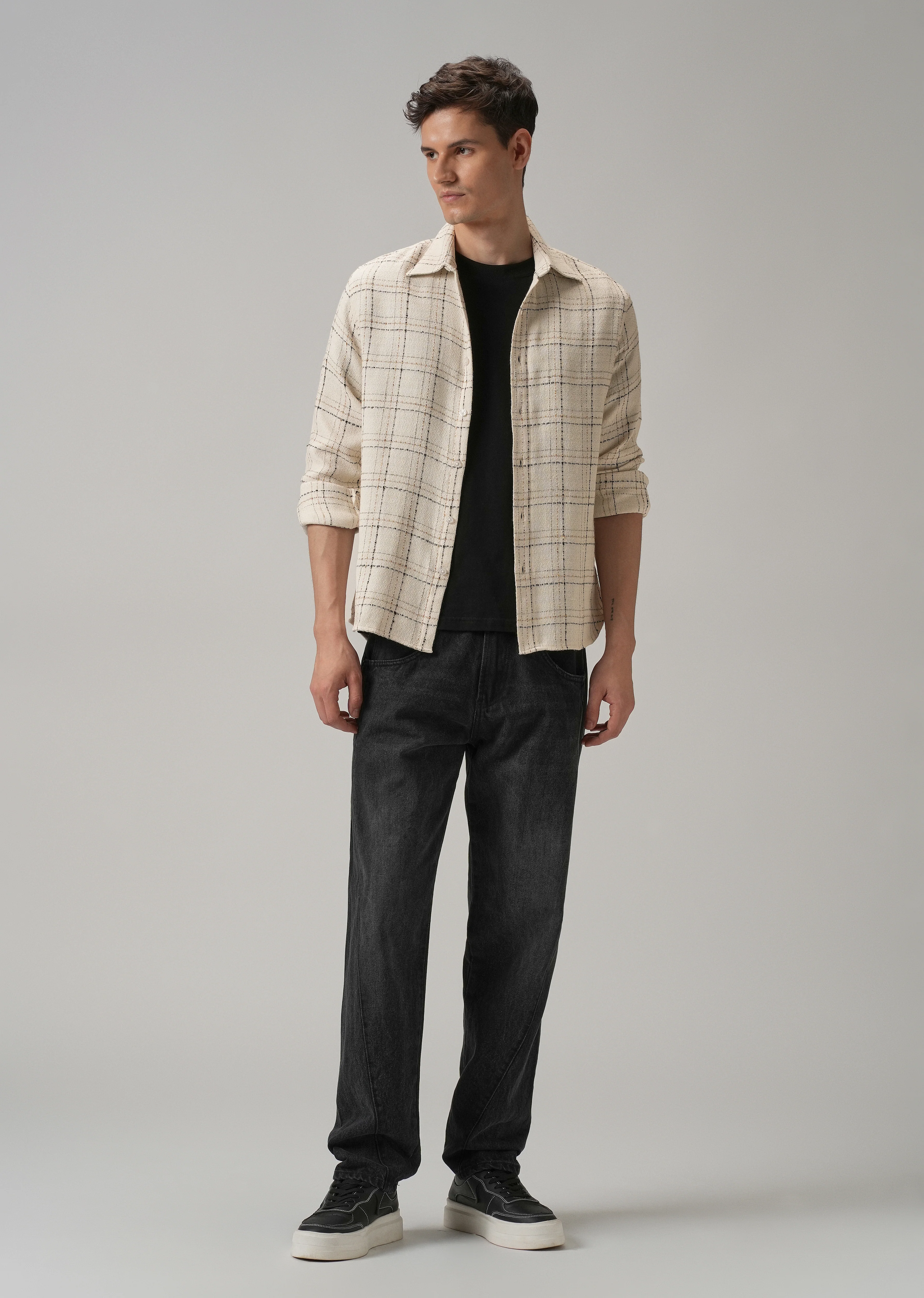 Cream Plaid Textured Cotton Check Shirt - Image 6