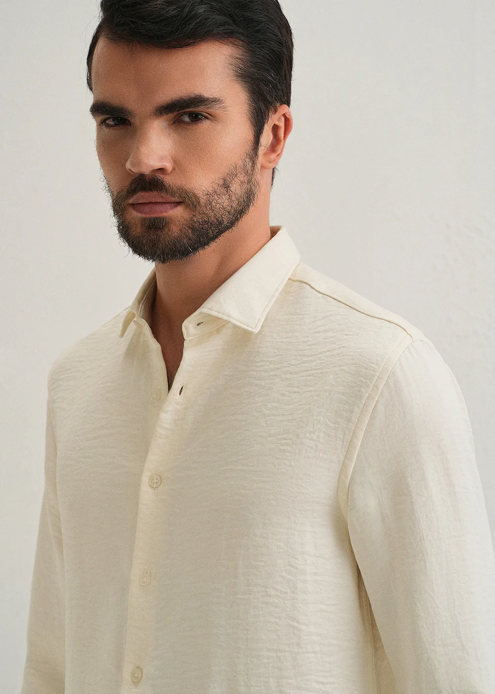 Cream Plain Crushed Satin Shirt - Image 5