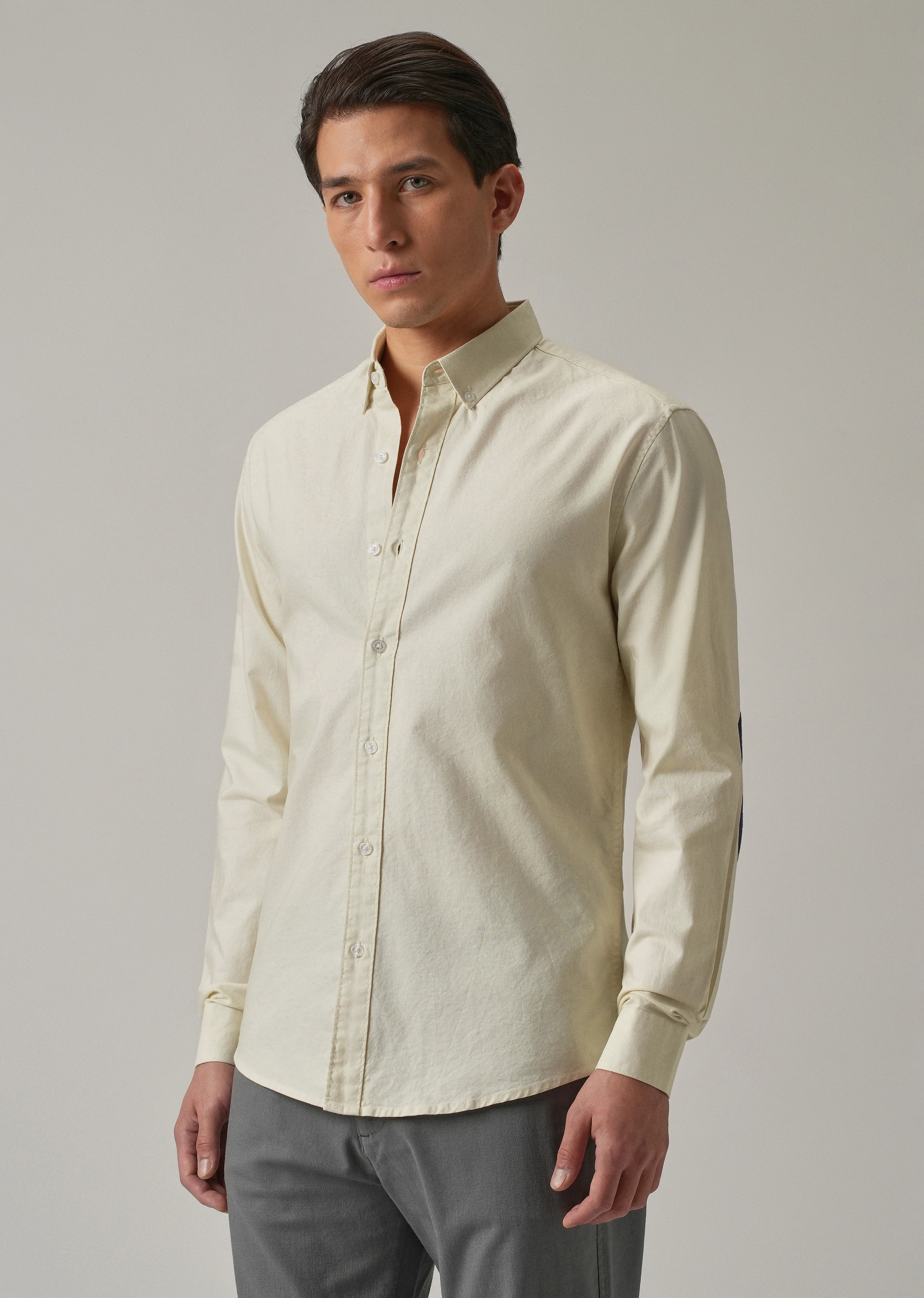 Cream Plain Elbow Patch Oxford Shirt - Image 5