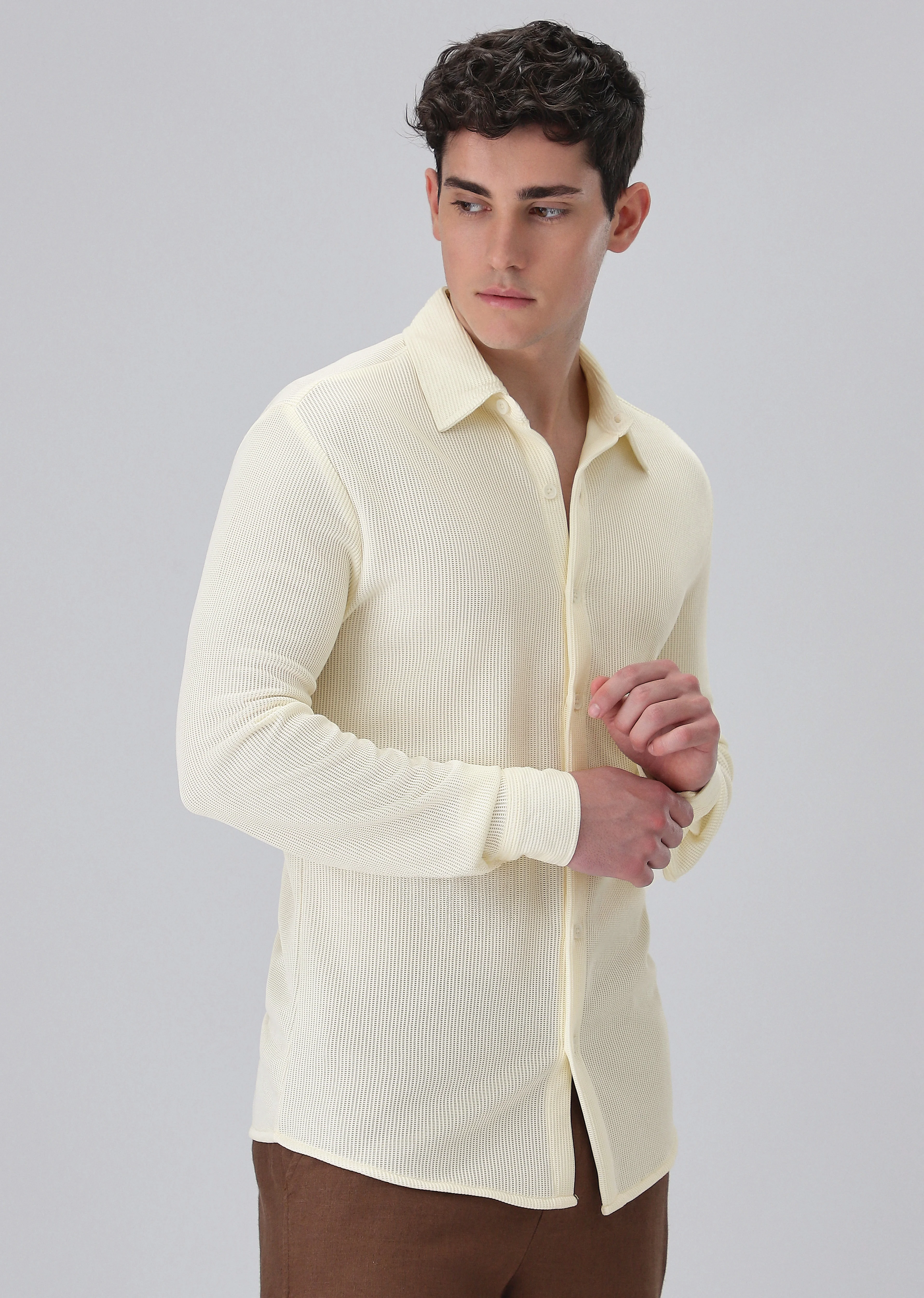 Cream Plain Knitted Shirt - Image 4