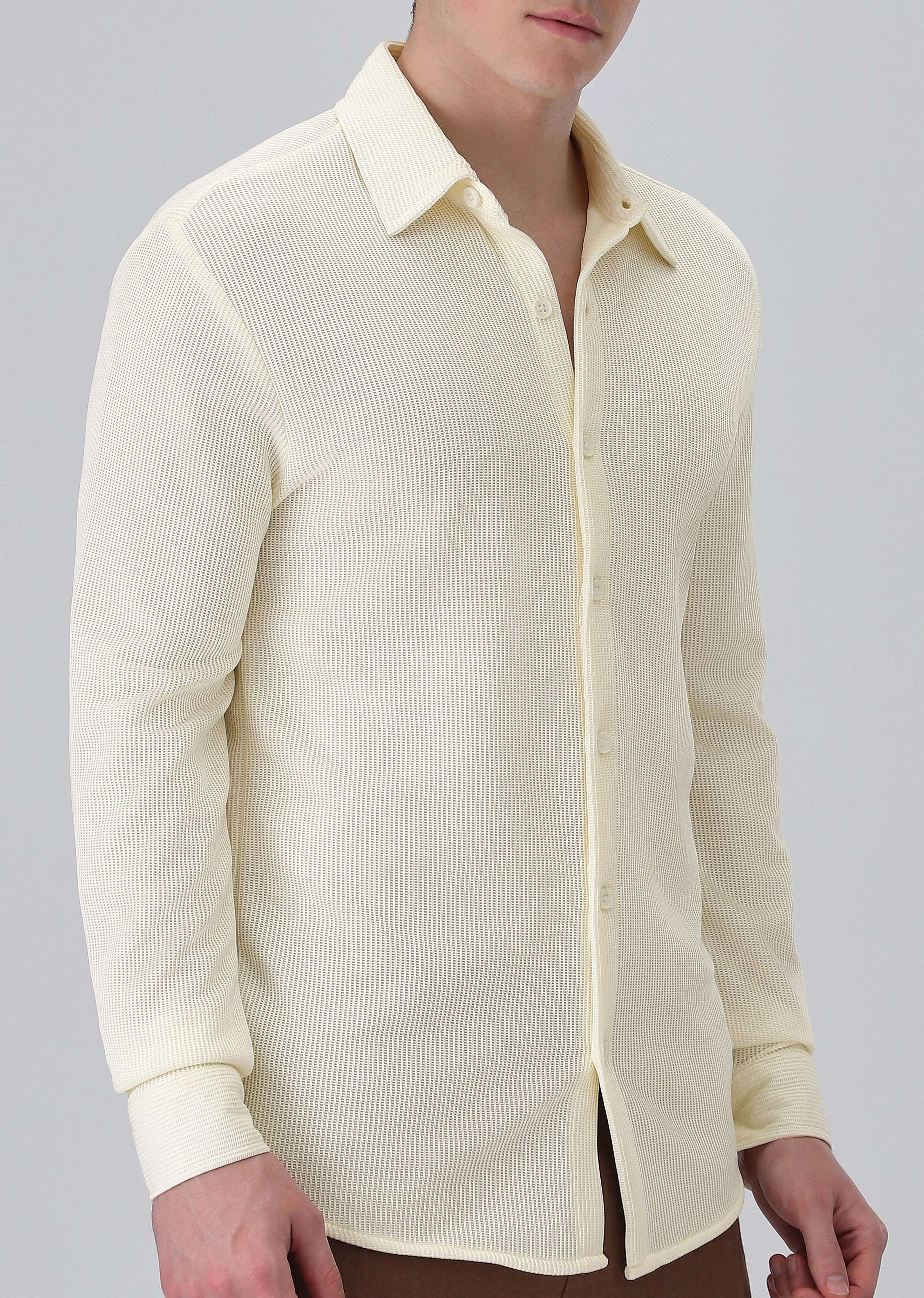 Cream Plain Knitted Shirt - Image 7
