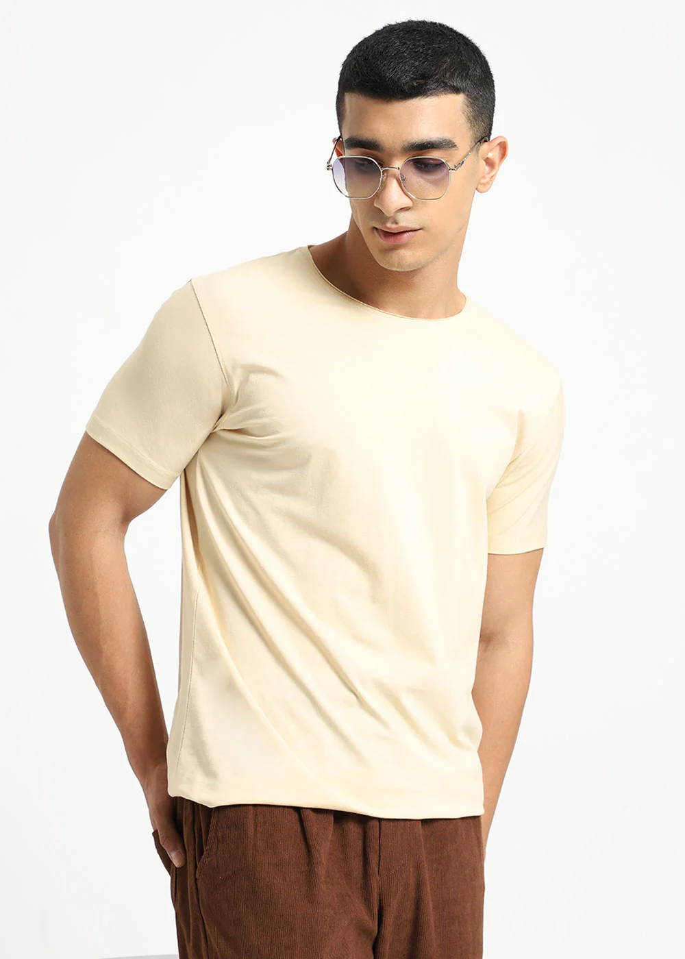Cream Plain Round Neck T-shirt - Image 2