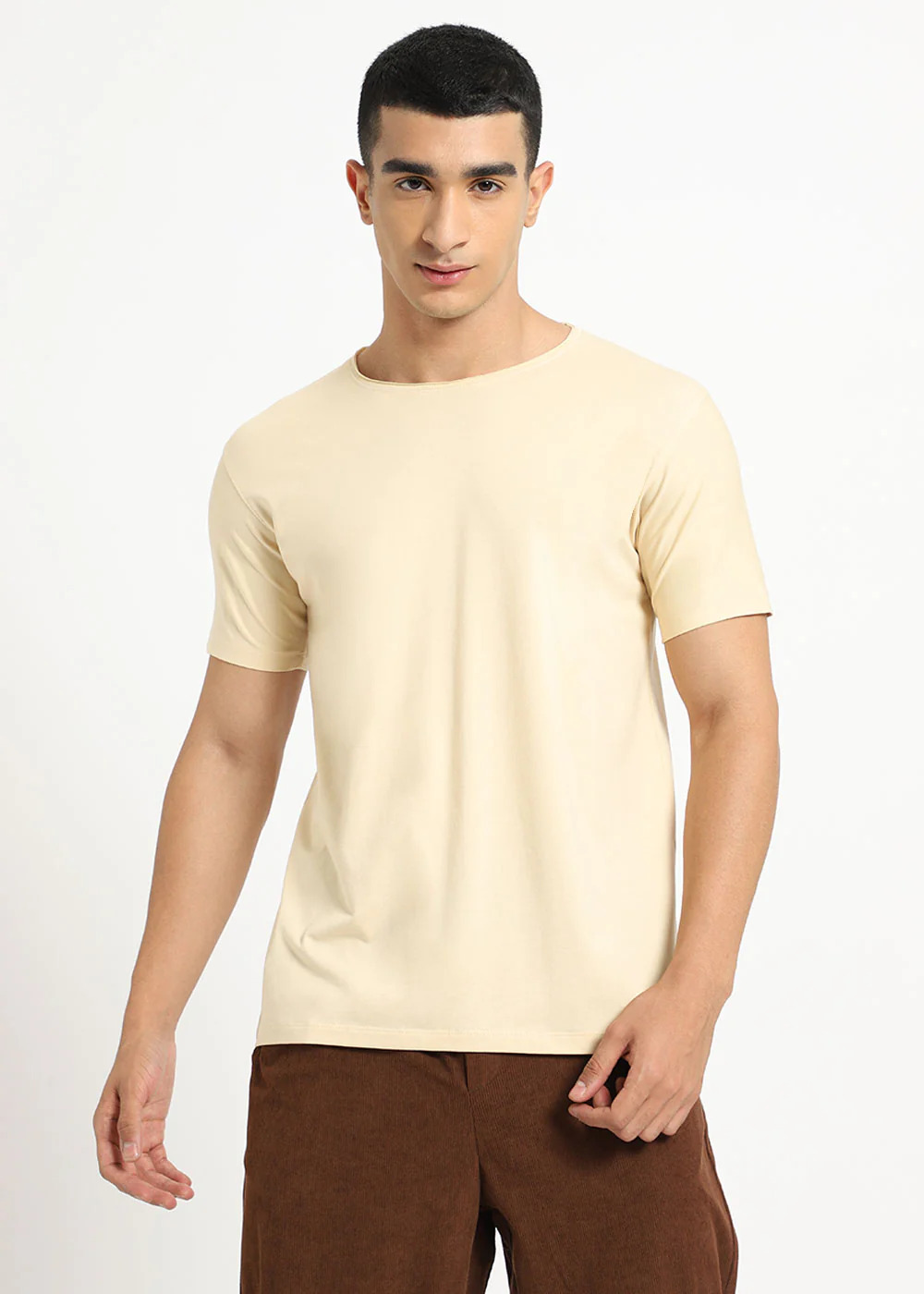 Cream Plain Round Neck T-shirt - Image 7