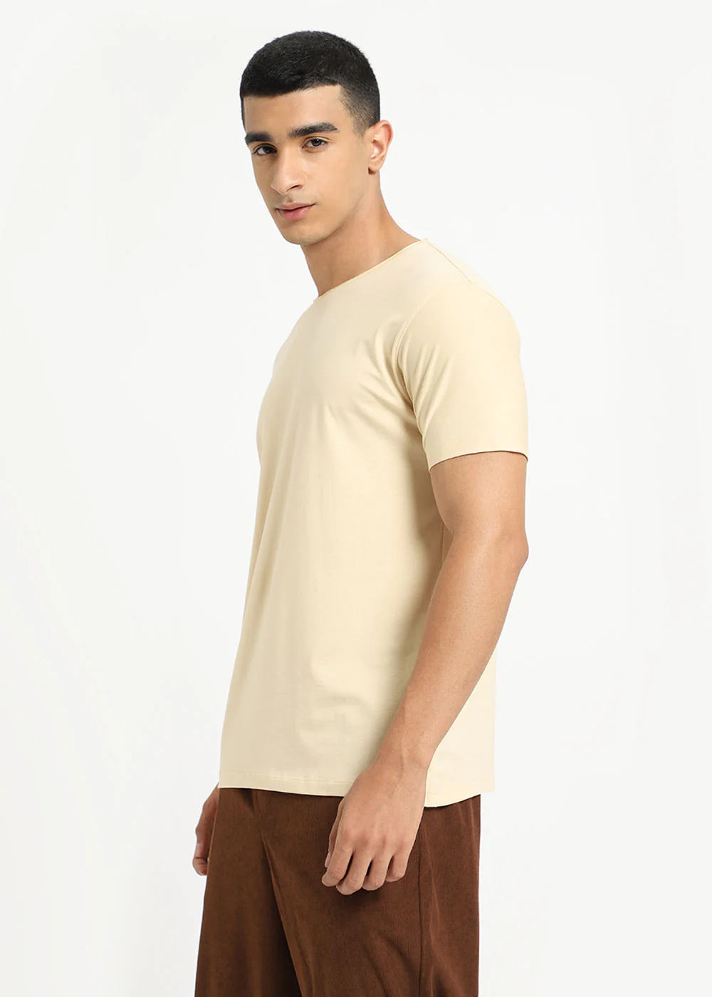 Cream Plain Round Neck T-shirt - Image 8