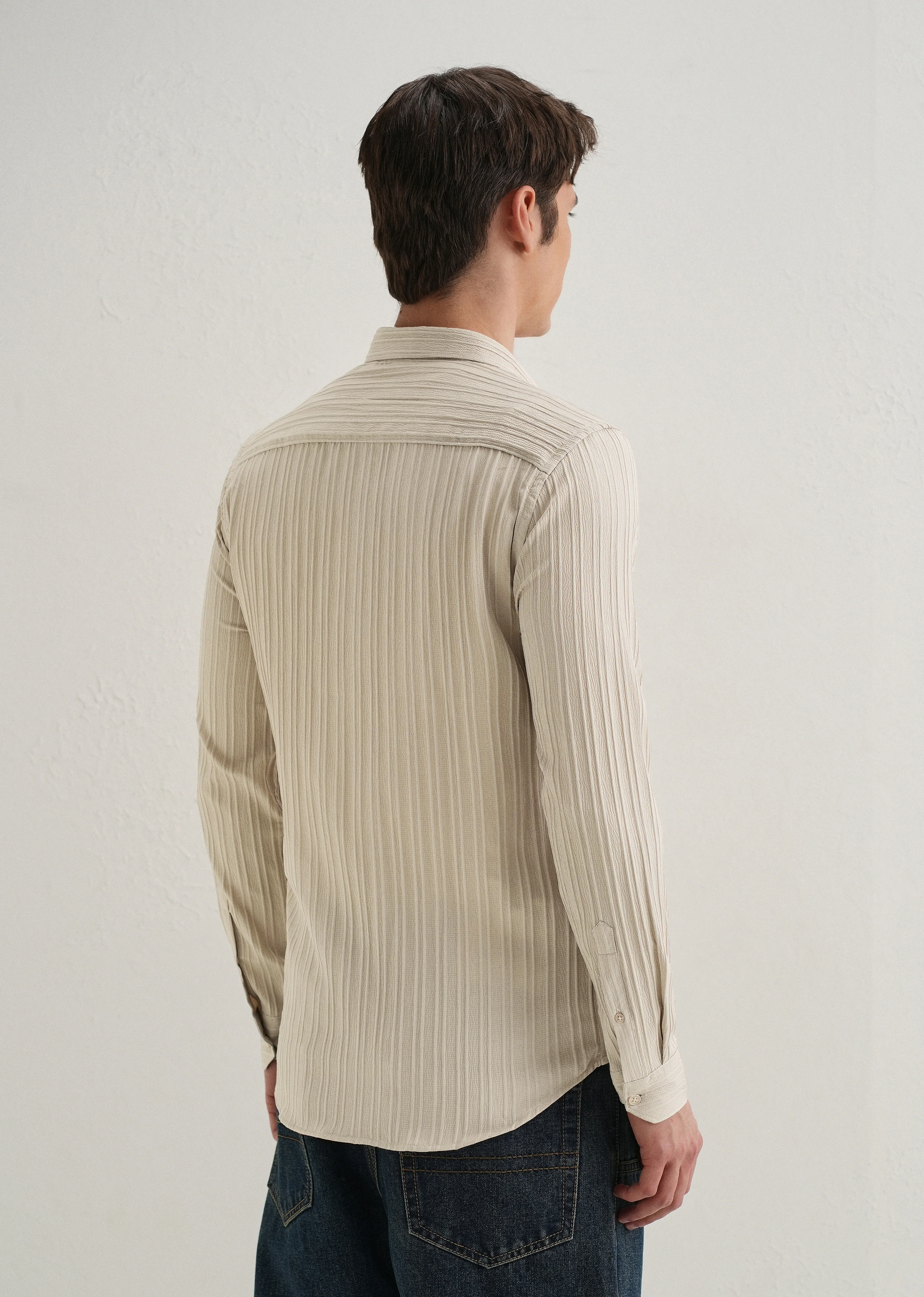 Cream Plain Self Striped Shirt - Image 2