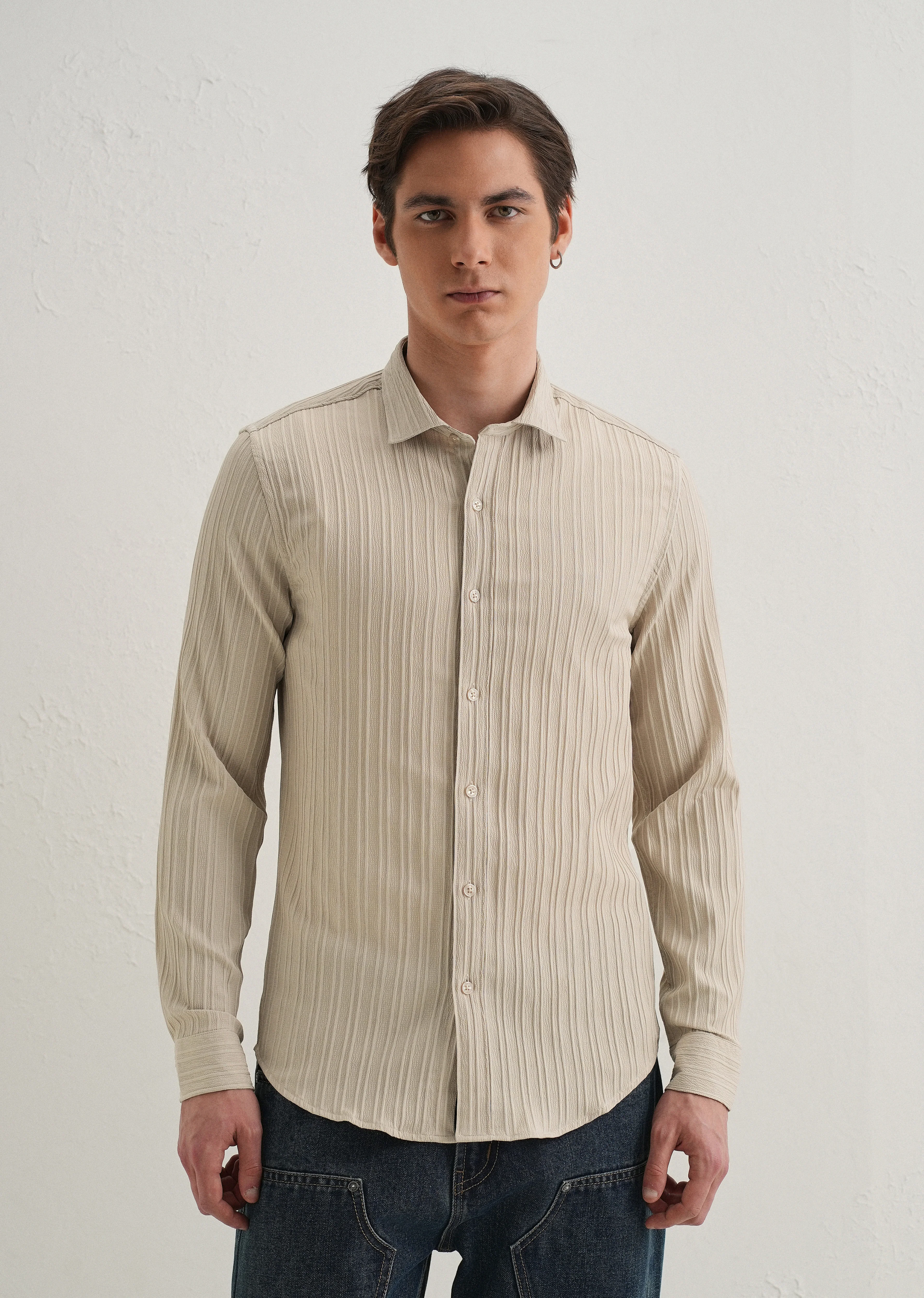 Cream Plain Self Striped Shirt - Image 3