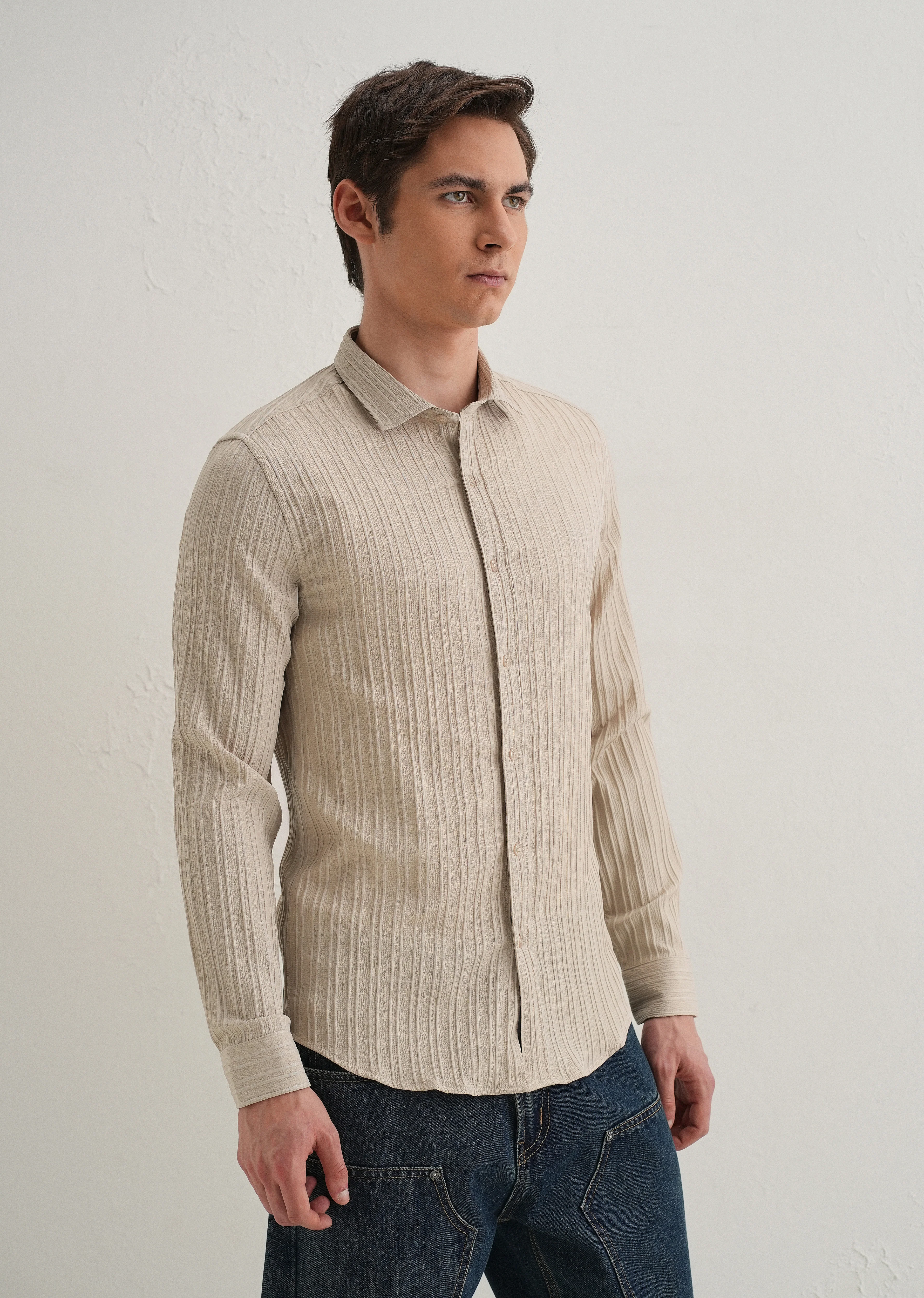 Cream Plain Self Striped Shirt - Image 4