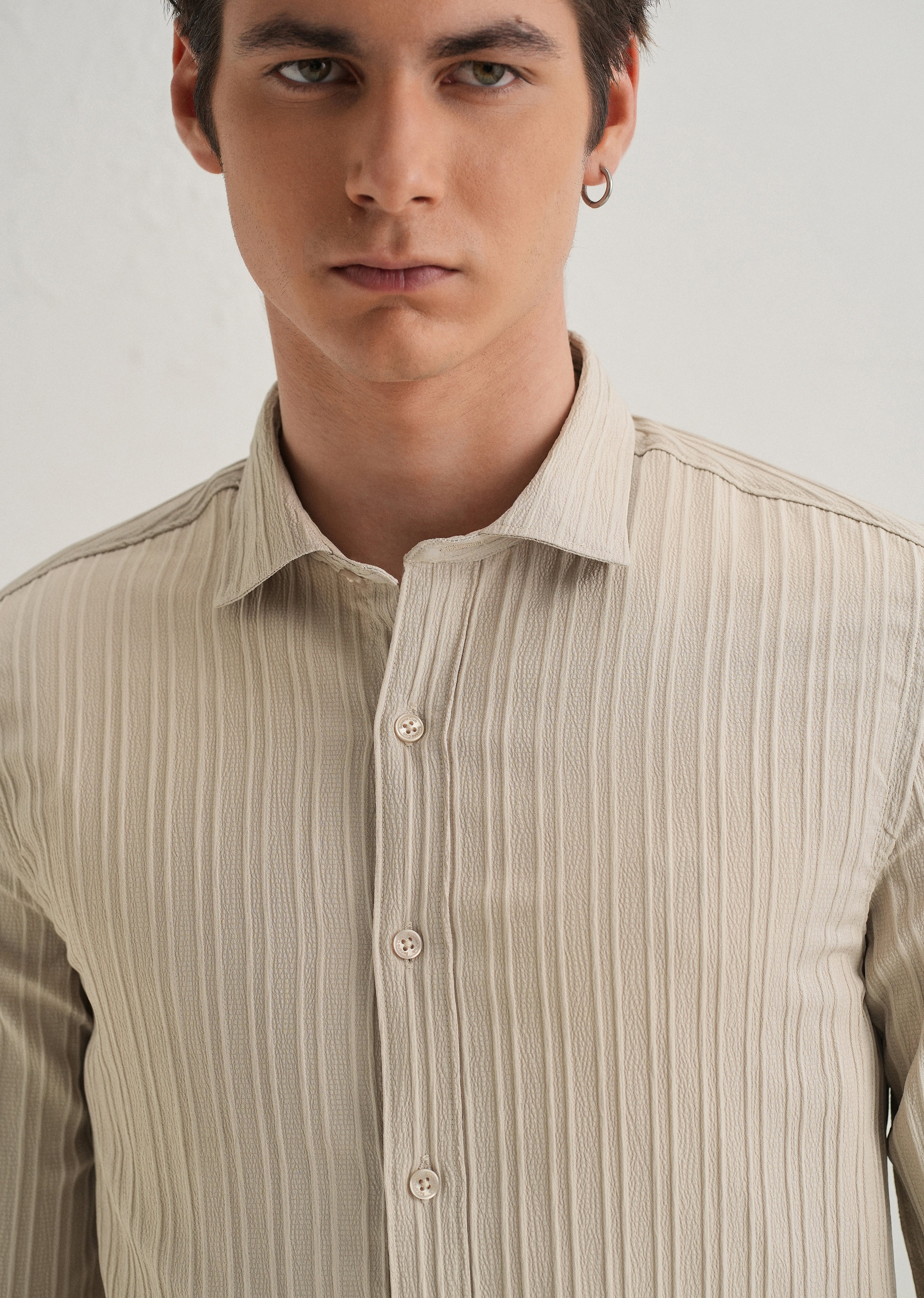 Cream Plain Self Striped Shirt - Image 5