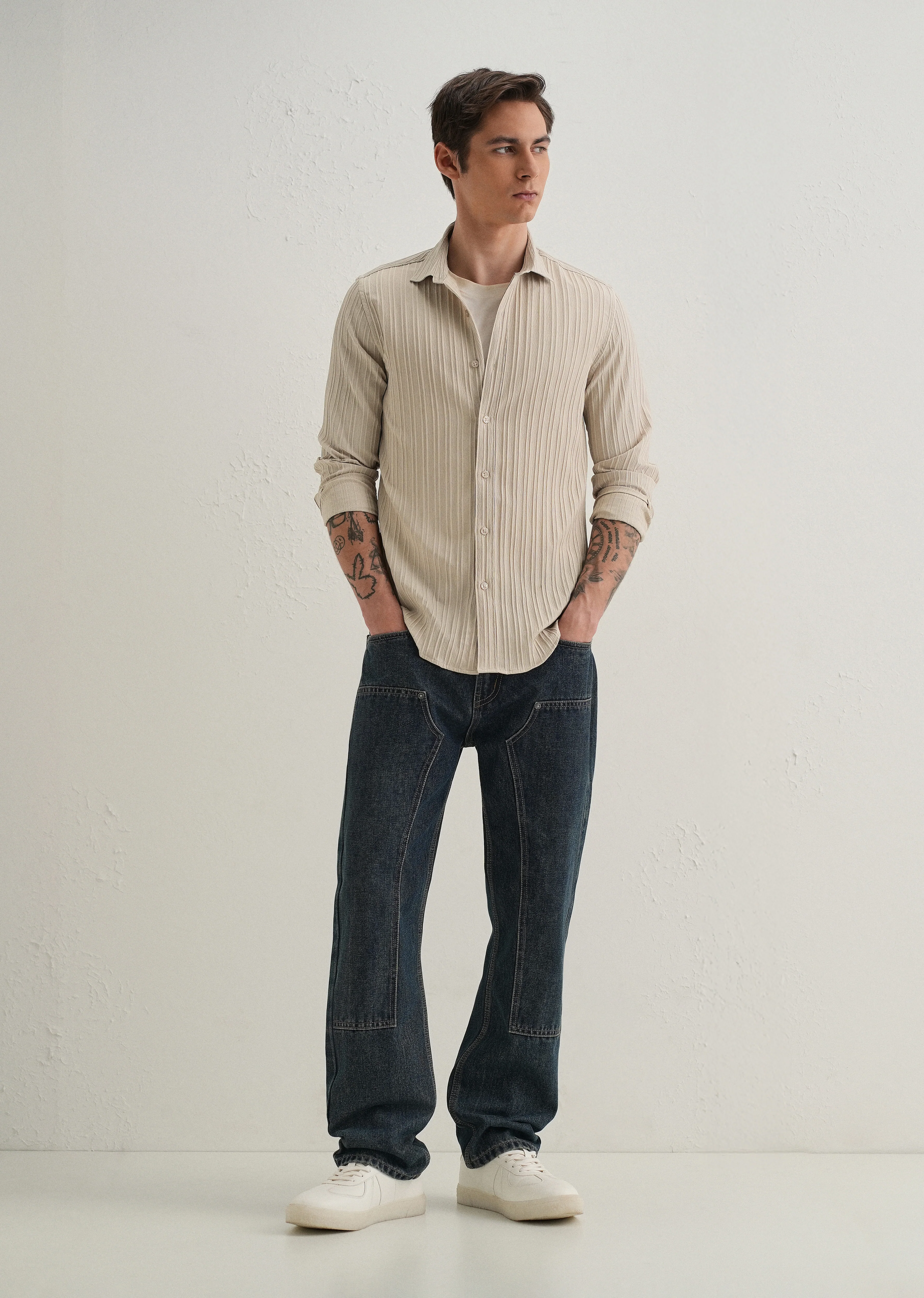 Cream Plain Self Striped Shirt - Image 6